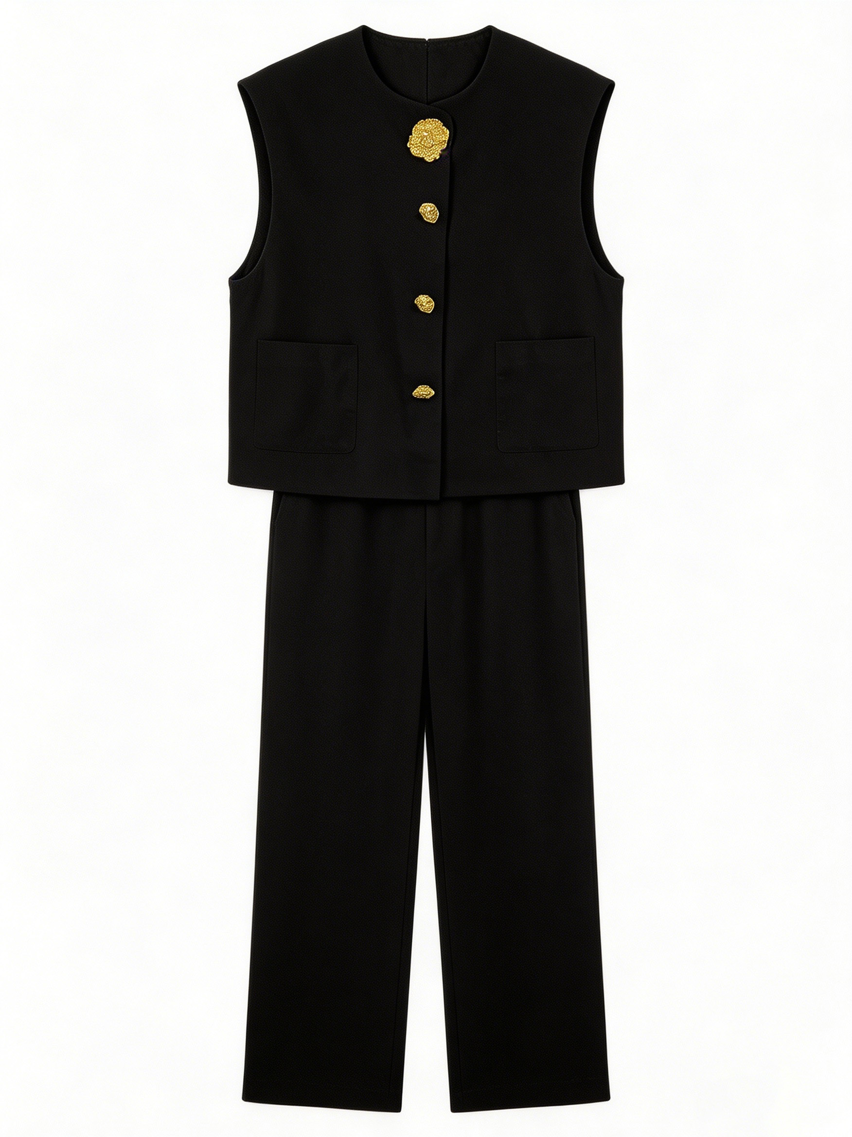 Minimalist Black Boxy Vest & Maxi Skirt Set with Statement Gold Buttons V-C36453