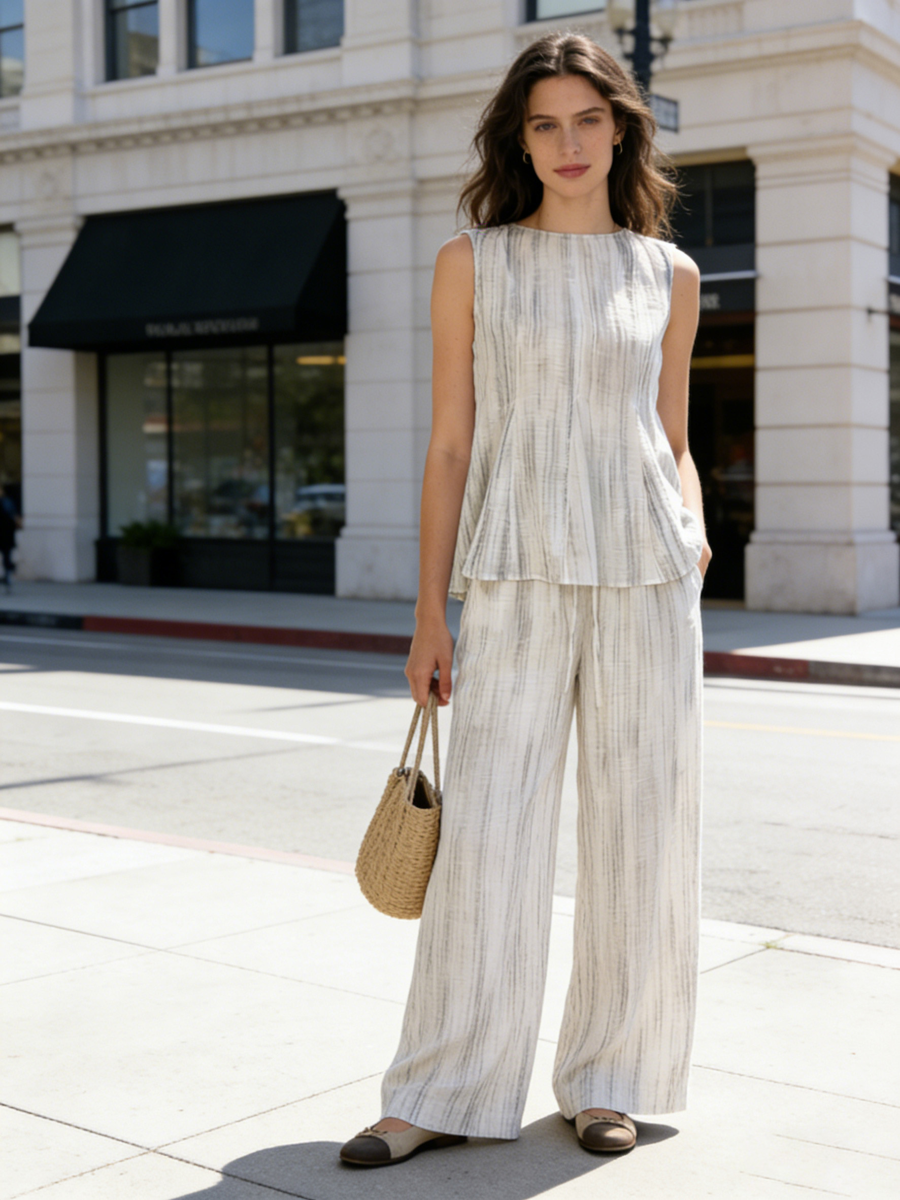Striped Linen-Blend Sleeveless Top Wide Leg Pants Set - Casual Two Piece Outfit W-40584+W-40585