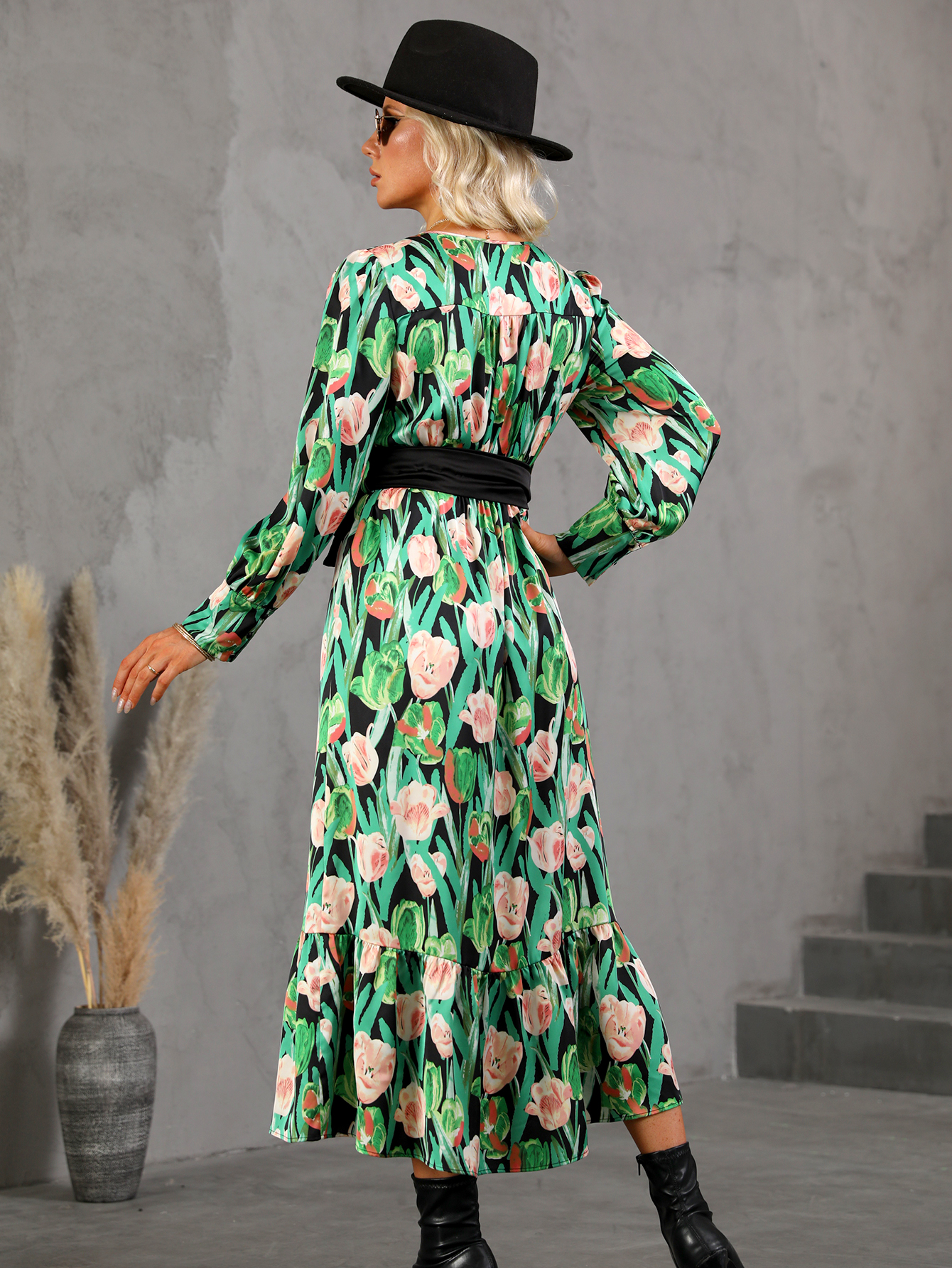 Bold Floral V-Neck Belted Long Sleeve Midi Dress W-33230