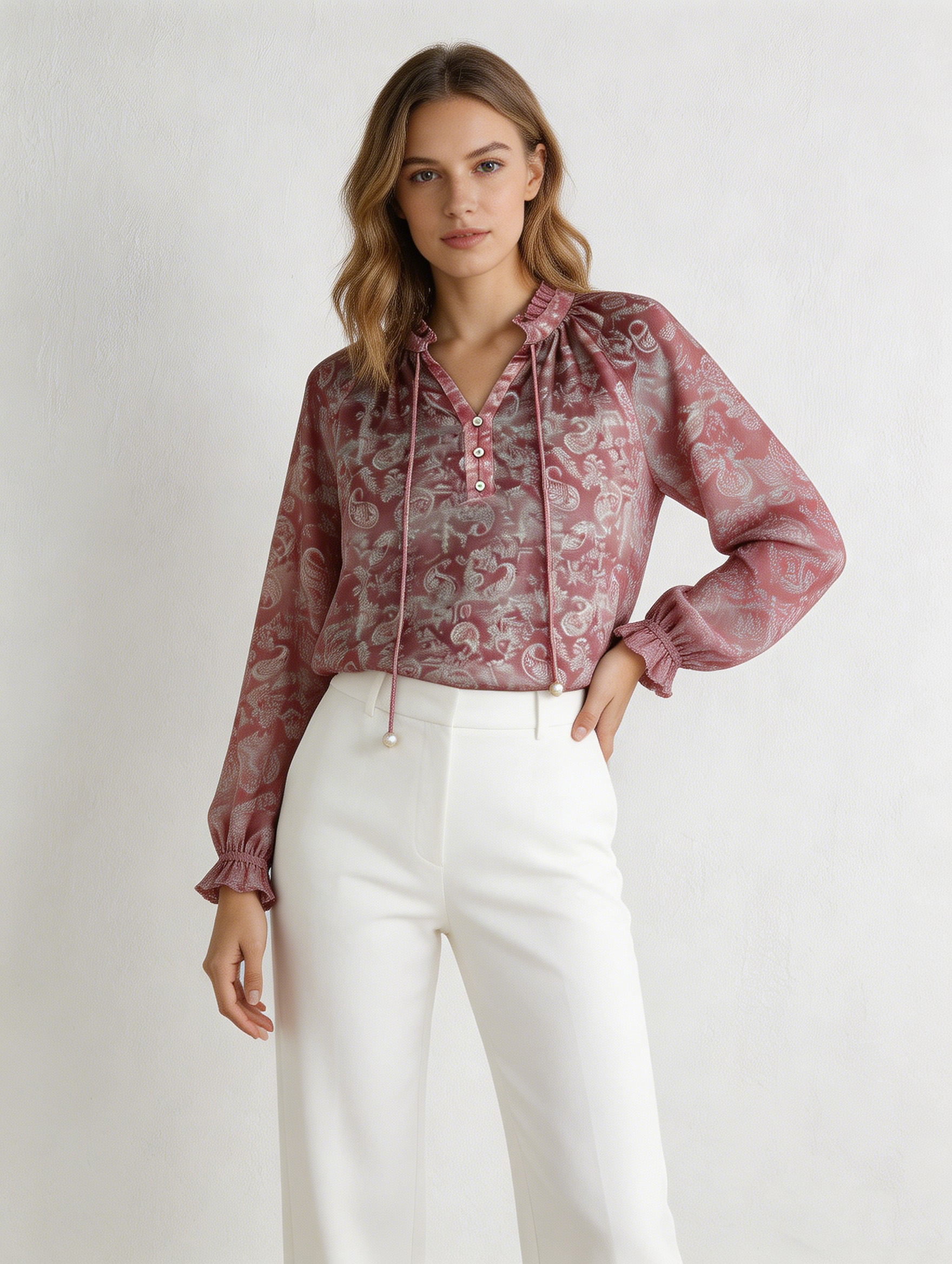 Boho Dusty Pink Paisley Print Shirt - Ruffle Neck Relaxed Fit Blouse N-41540