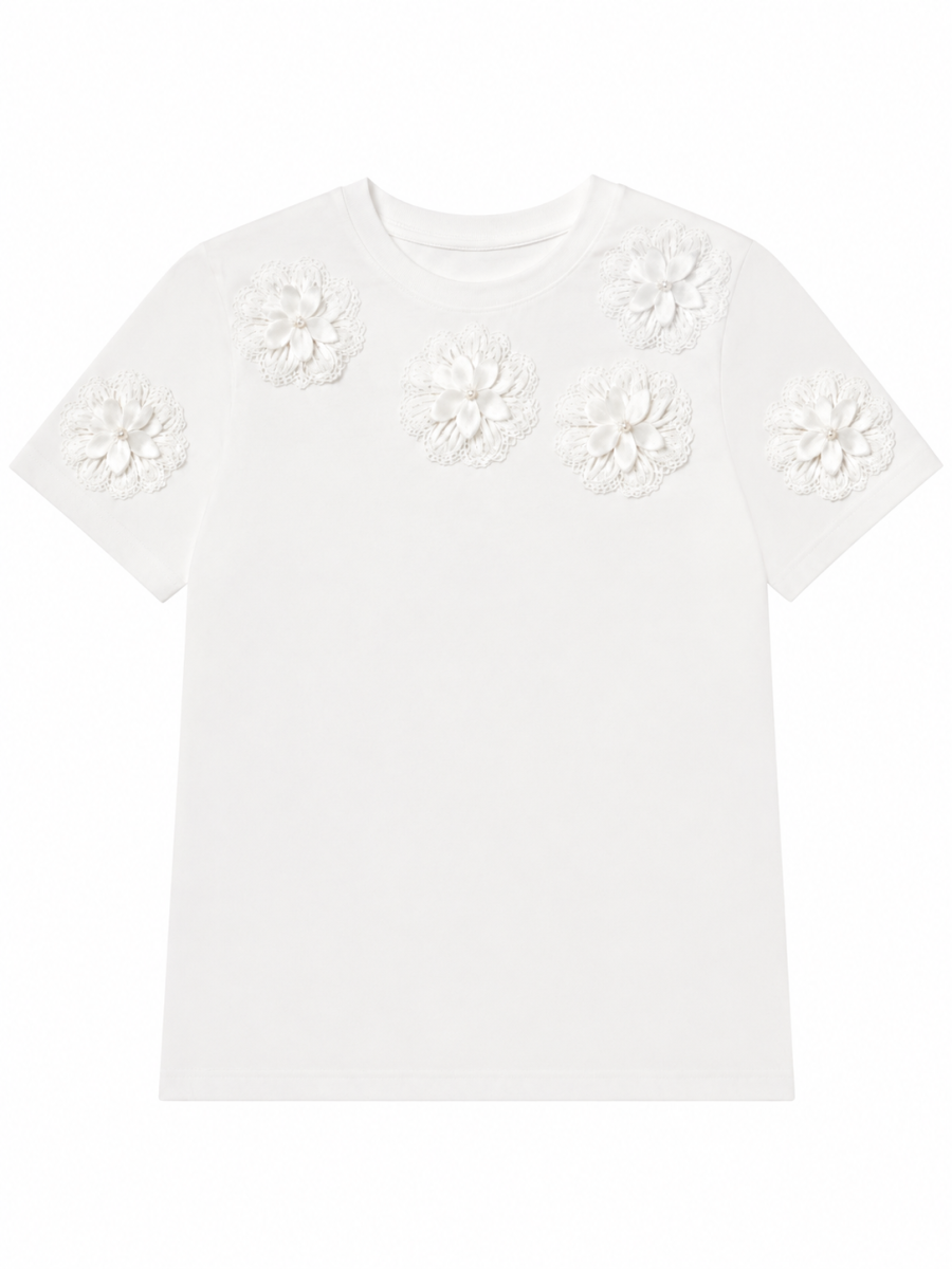 Women 3D‑Floral‑Applique Crew‑Neck T‑Shirt M-43029-2