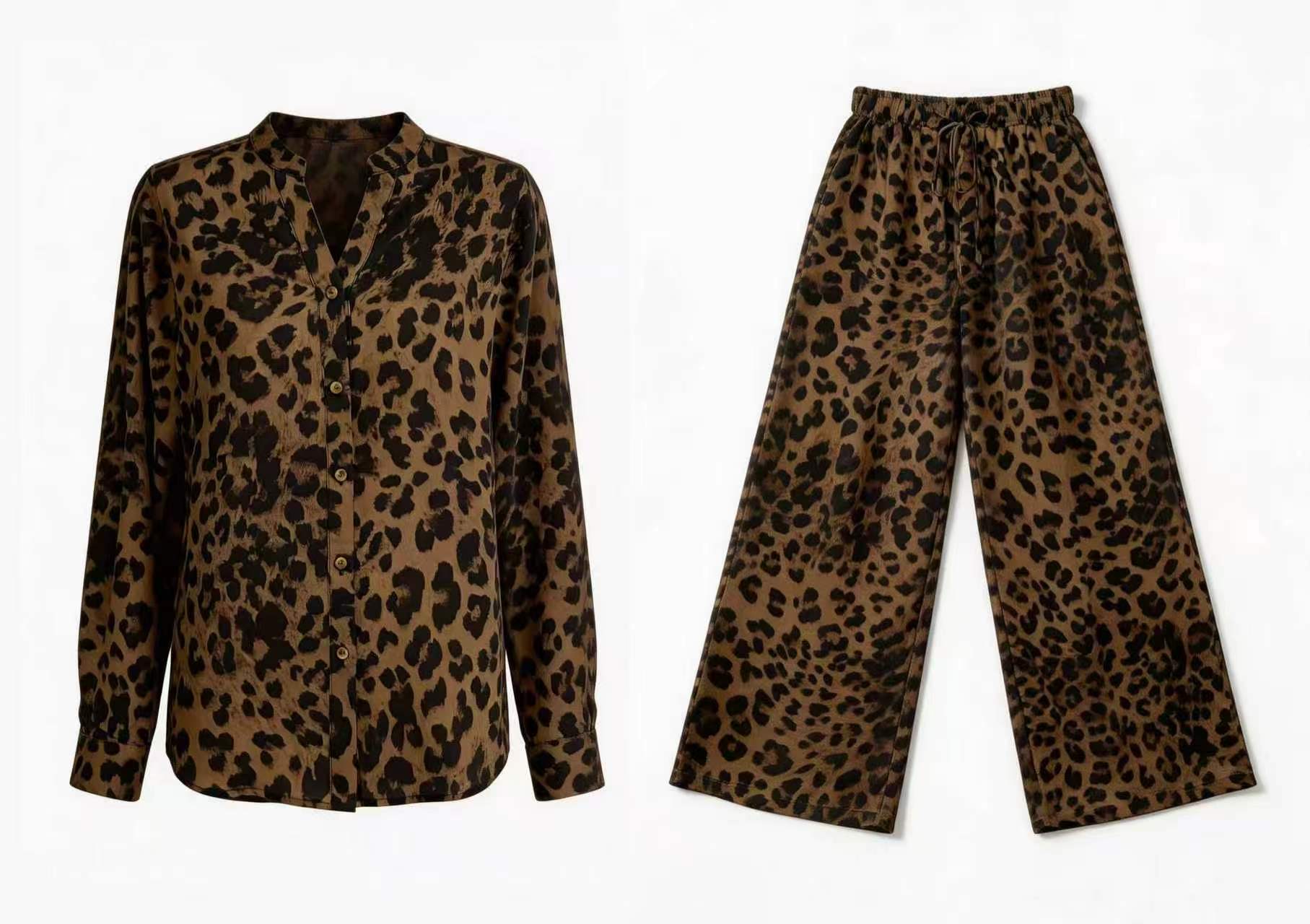 Leopard Print Shirt and Wide Leg Pants Set - Two-Piece Outfit W-43066+W-43064