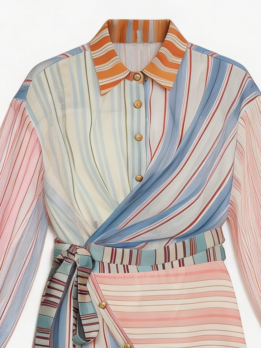 Women’s Striped Chiffon Belted Wrap Shirt Maxi Dress LA-030413