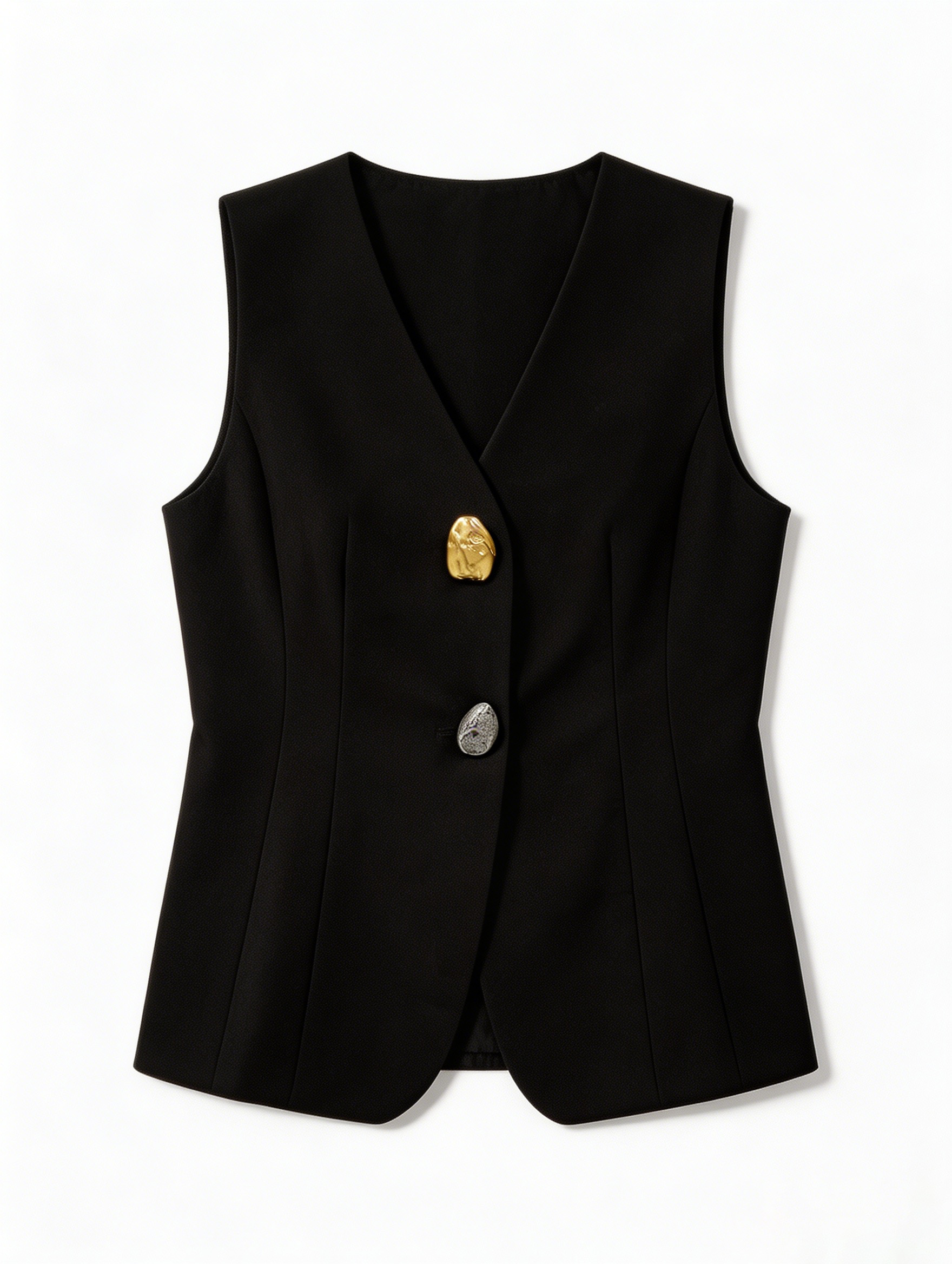Chic Tailored Black Longline Vest with Statement Sculptural Buttons W-41293