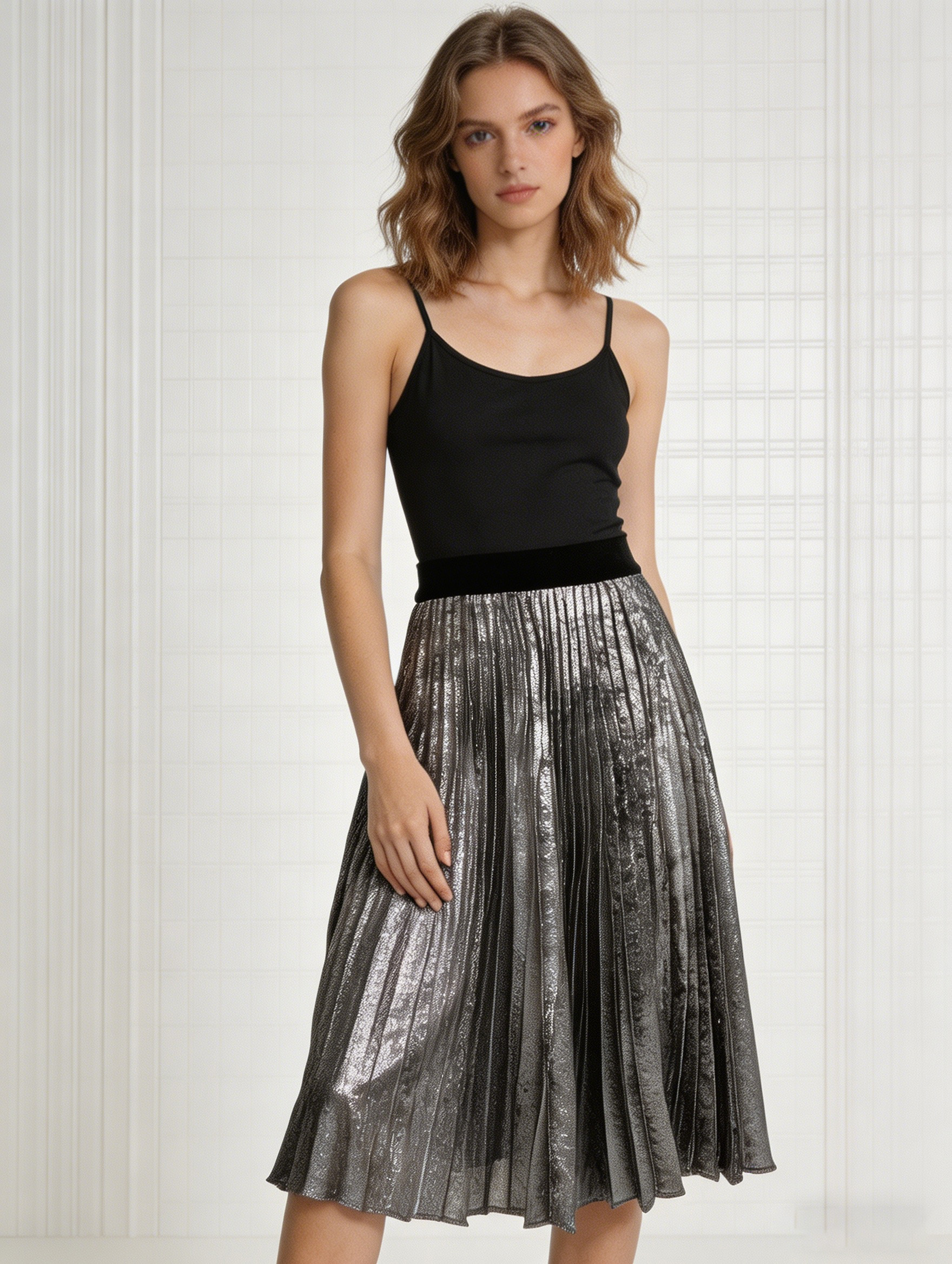 Silver Metallic Pleated Midi Skirt W-35616