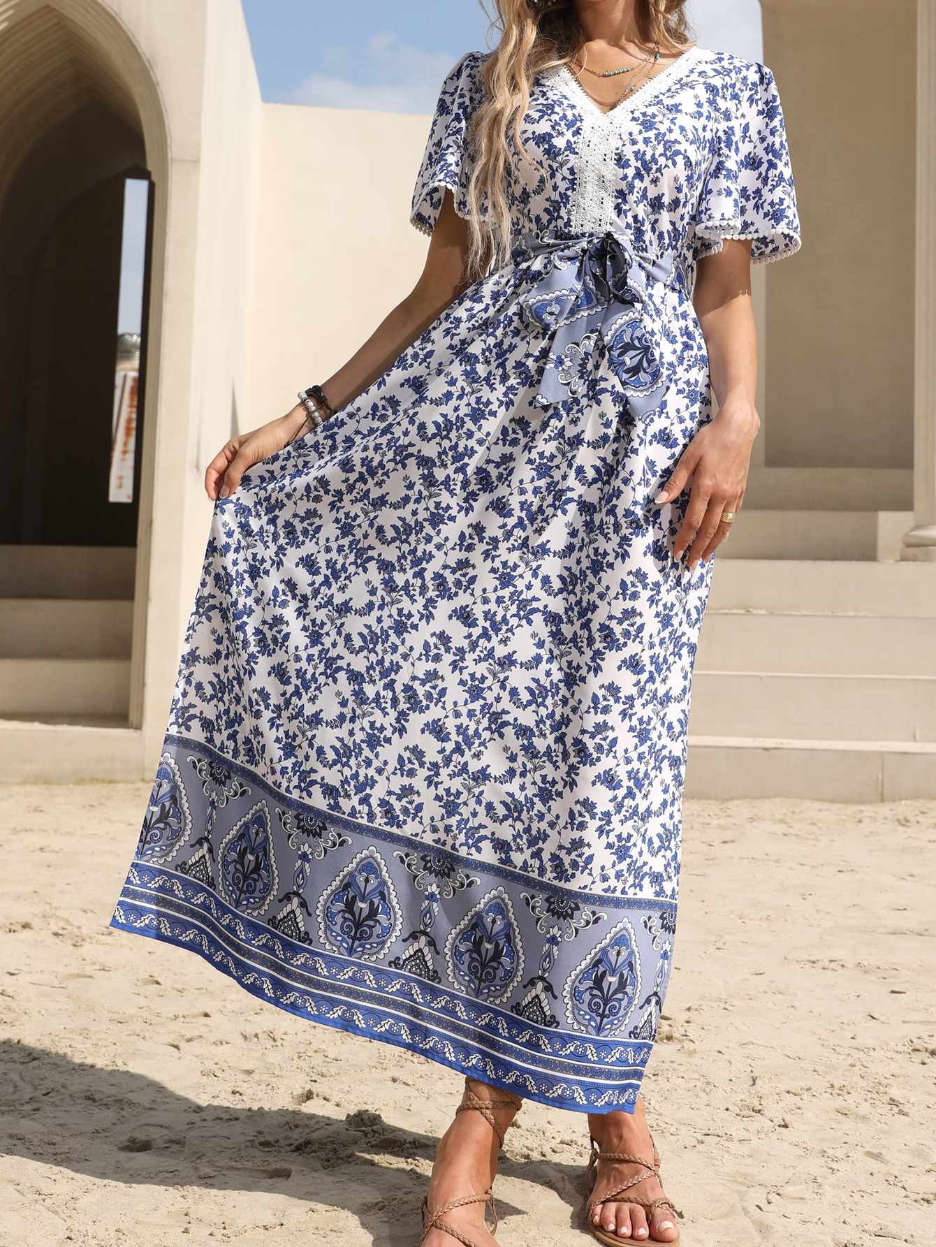 Women’s Boho Floral Maxi Dress with V-Neck & Side Slit – Summer Resort Wear D-32737