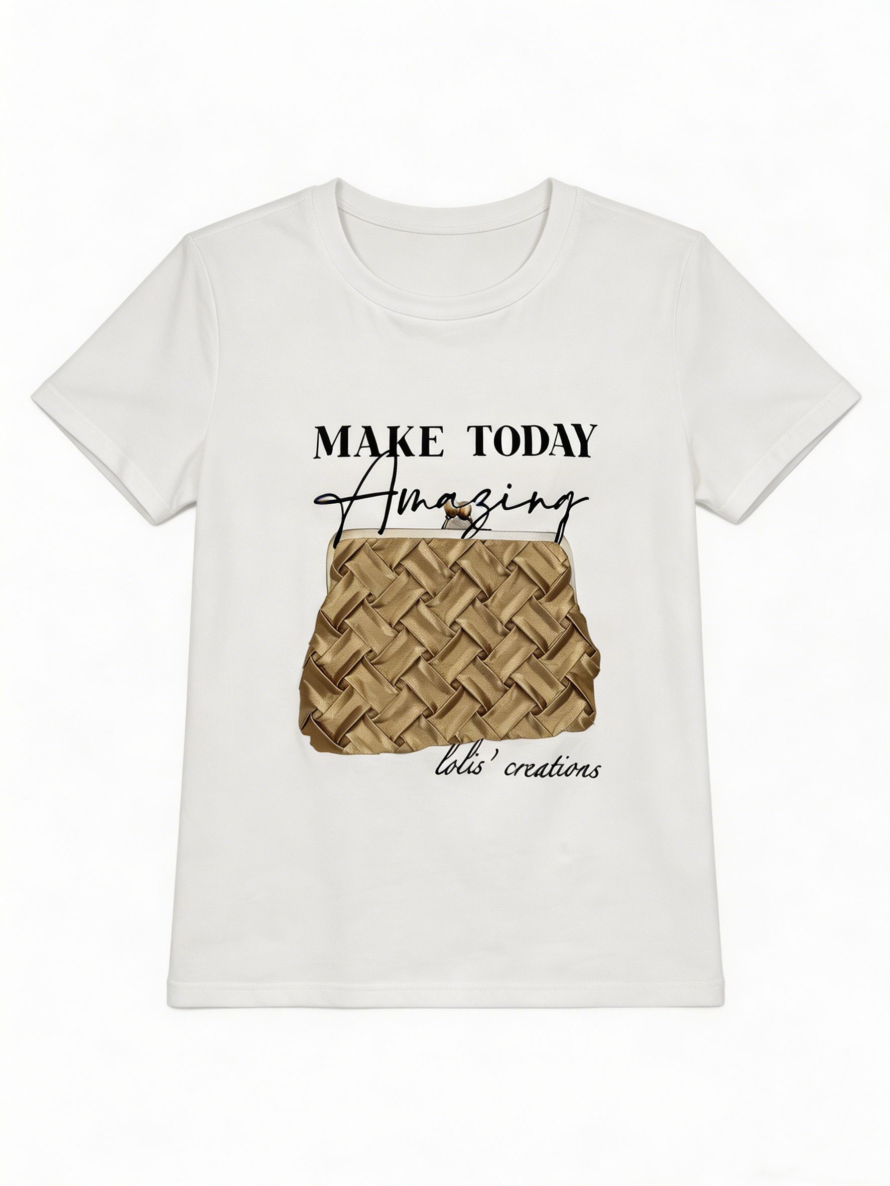  Women's Woven Tote Bag Print Shirt Cute Pearl Charm Slogan Summer T-Shirt M-42131-9