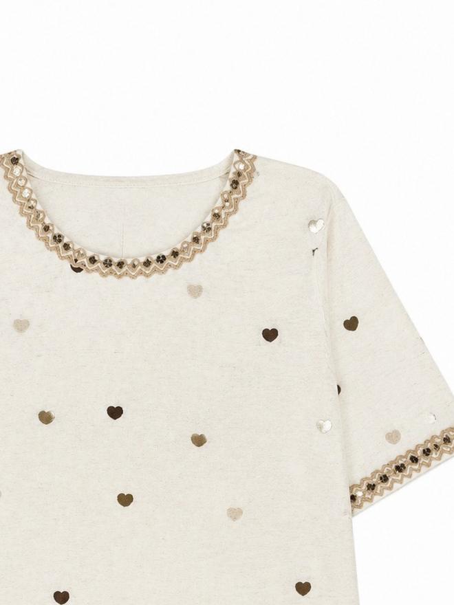 Heart‑Embroidered Top Beaded Lace Trim Loose‑Fit Casual Shirt C-42868