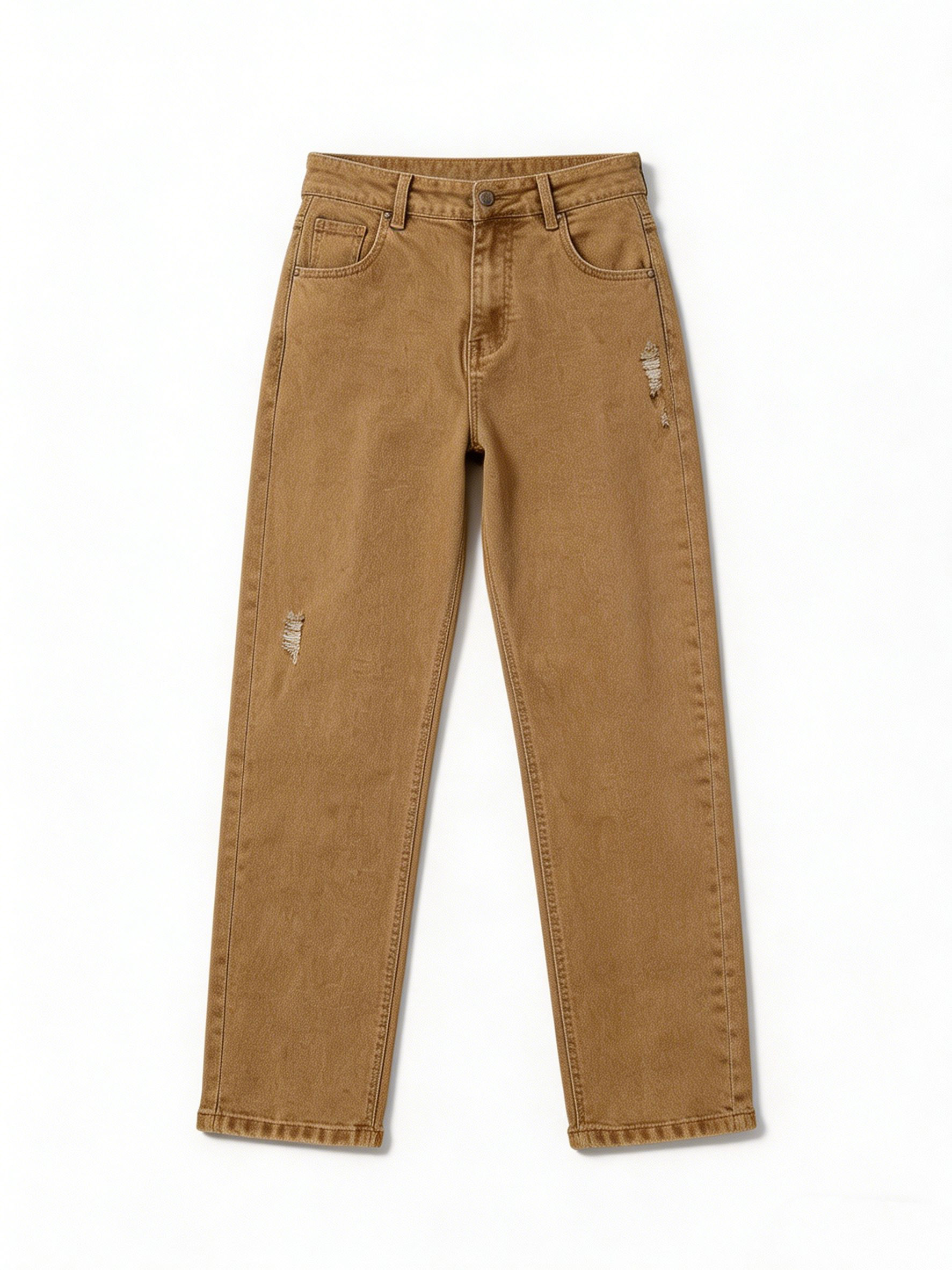 Distressed Tan Straight Leg Jeans High Waist Relaxed Fit Denim for Women YZ5012