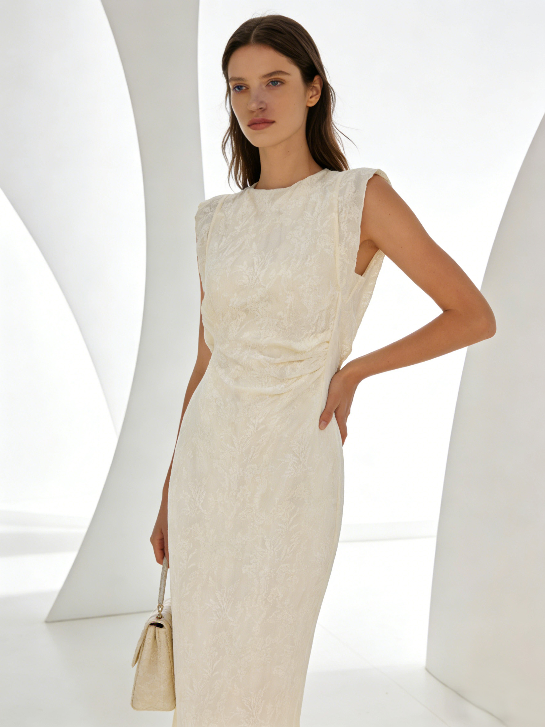 Chic Ivory Jacquard Dress - Boat Neck Ruched Waist Casual Midi Dress  W-41151