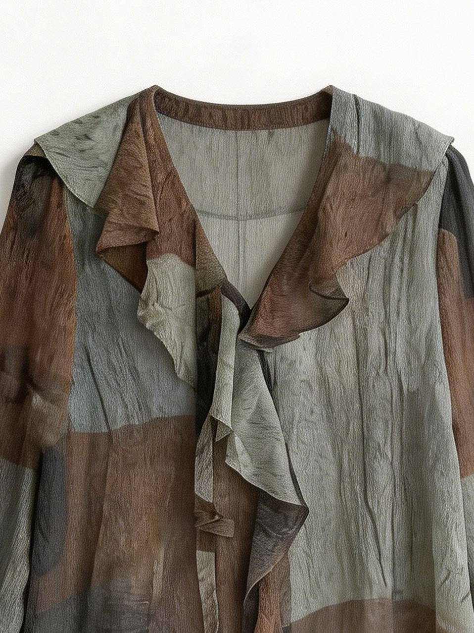Women’s Sheer Watercolor Ruffle Tie Neck Chiffon Blouse XW-251205