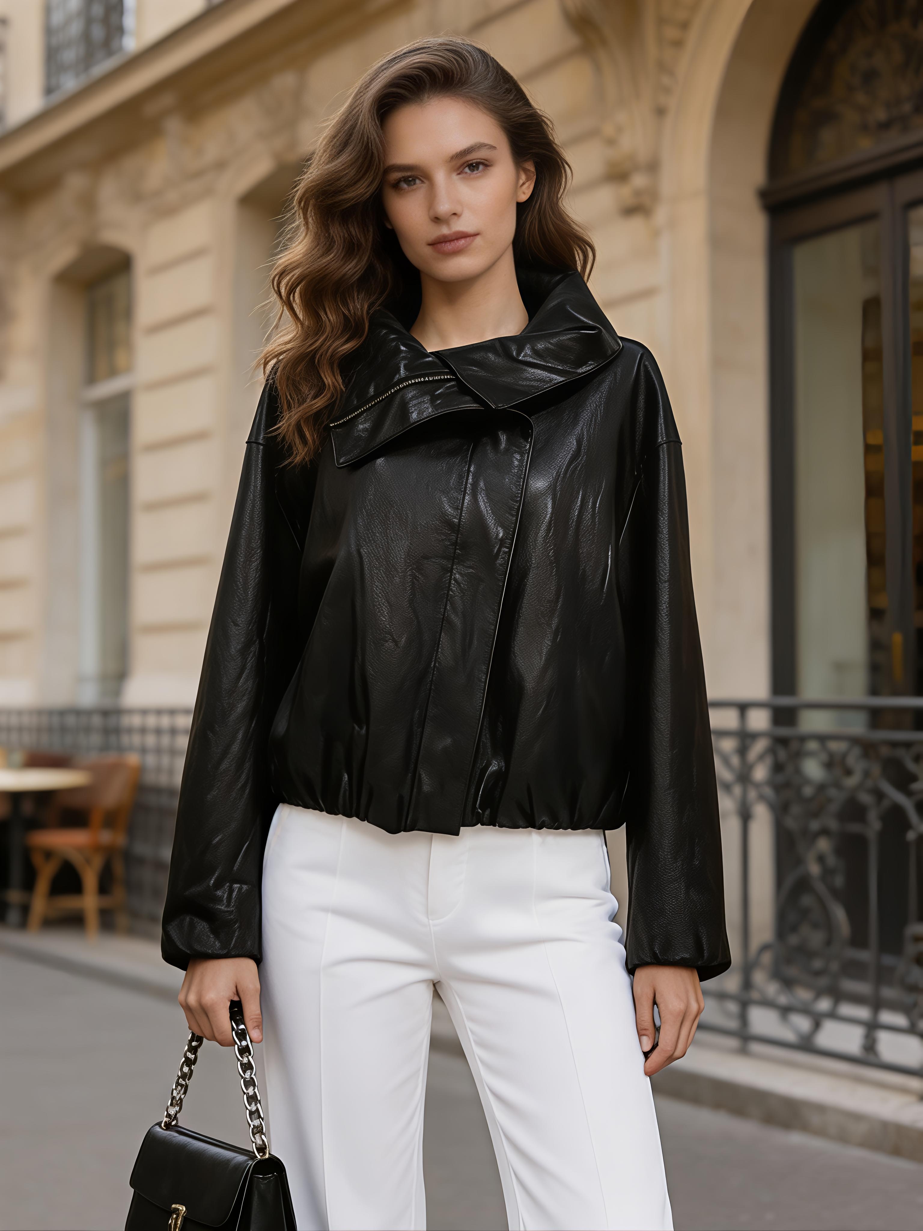Black Faux Leather Oversized Cropped Jacket - High Neck Biker Jacket 57671