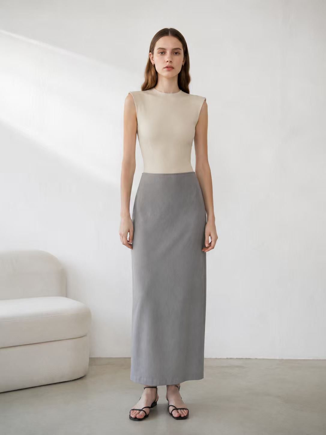 Light Grey High Waist Maxi Pencil Skirt - Office Wear 27565