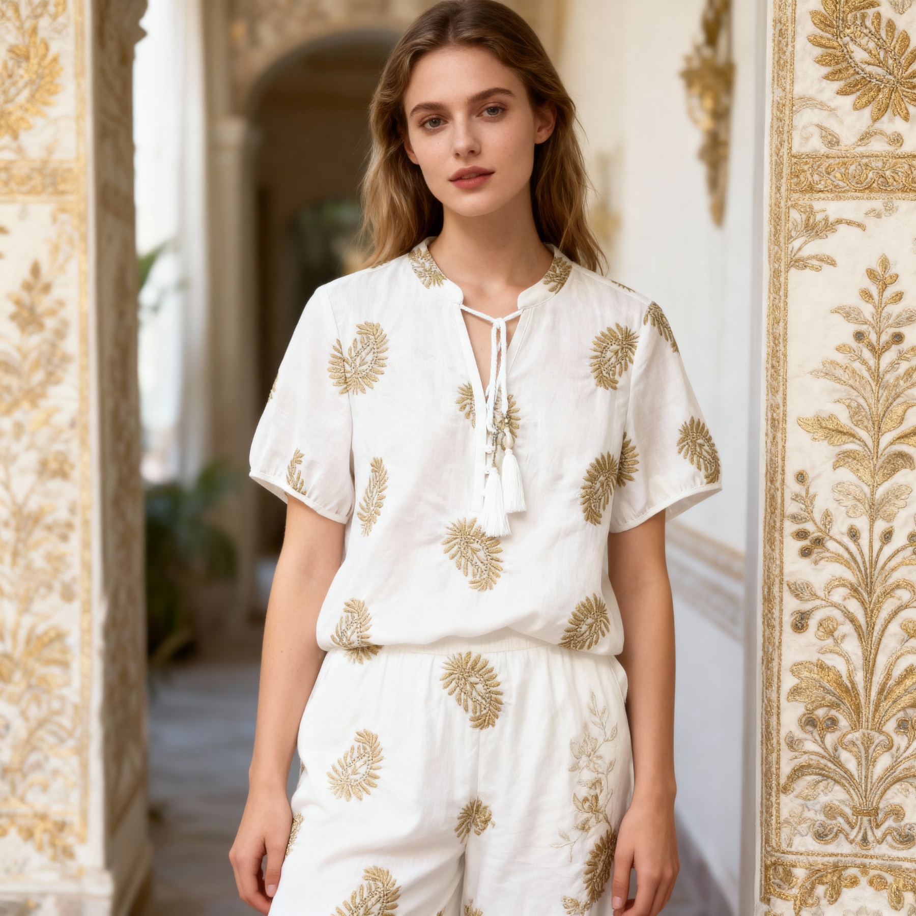 Women’s Boho Embroidered Tassel Tie Linen-Look Summer Blouse D-42254