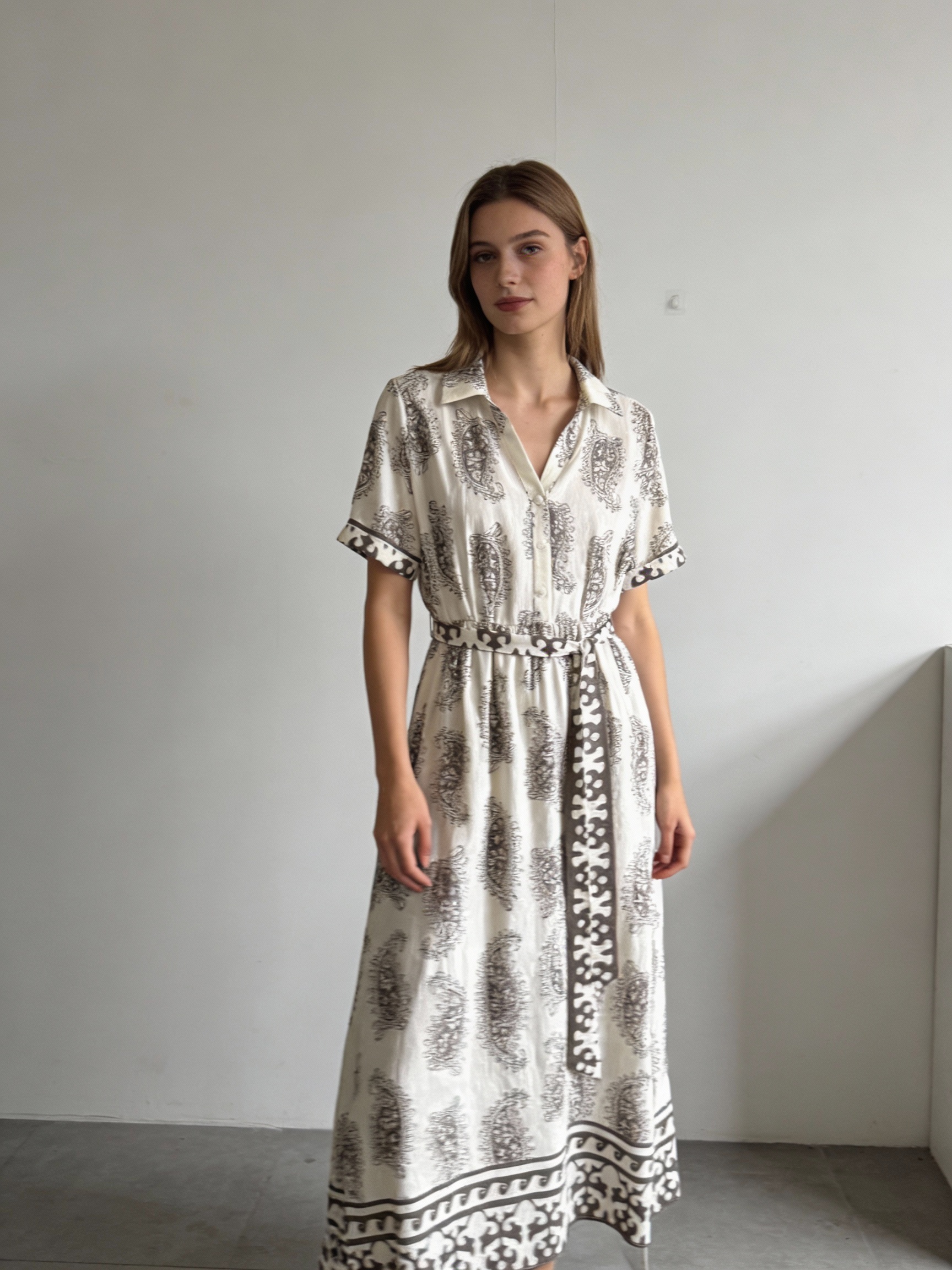 Women’s Boho Paisley Print Belted Midi Shirt Dress D-42275