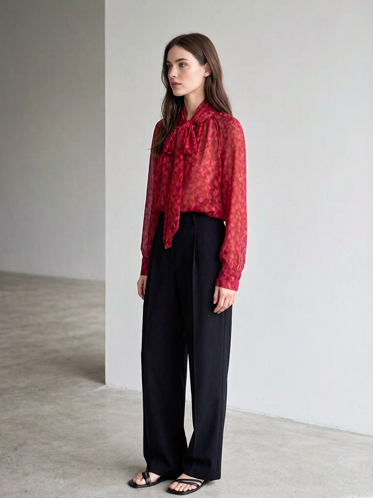 Women’s Printed Tie Neck Sheer Chiffon Long Sleeve Blouse XW-251209