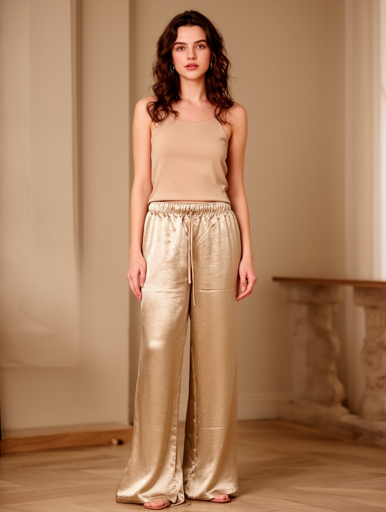 Women’s High Waist Rhinestone Satin Wide Leg Pants LA-030410
