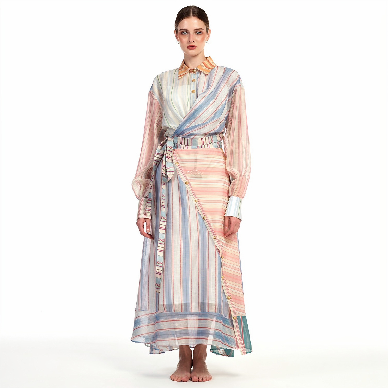 Women’s Striped Chiffon Belted Wrap Shirt Midi Dress LA-030413