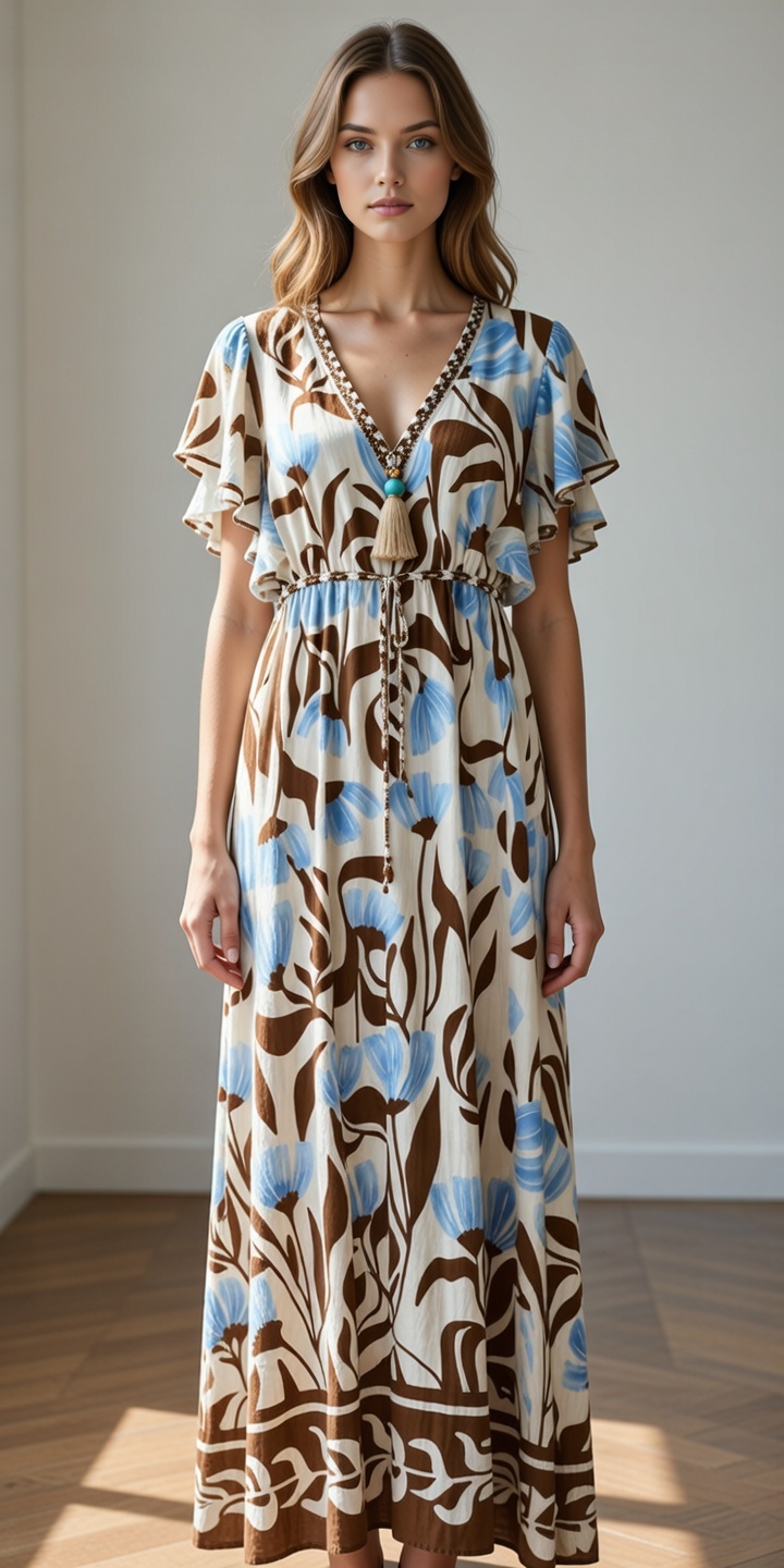 Women’s Summer Boho Floral Ruffle Sleeve V Neck Maxi Dress