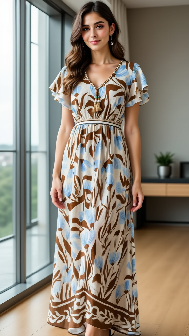 Women’s Summer Boho Floral Ruffle Sleeve V Neck Maxi Dress 