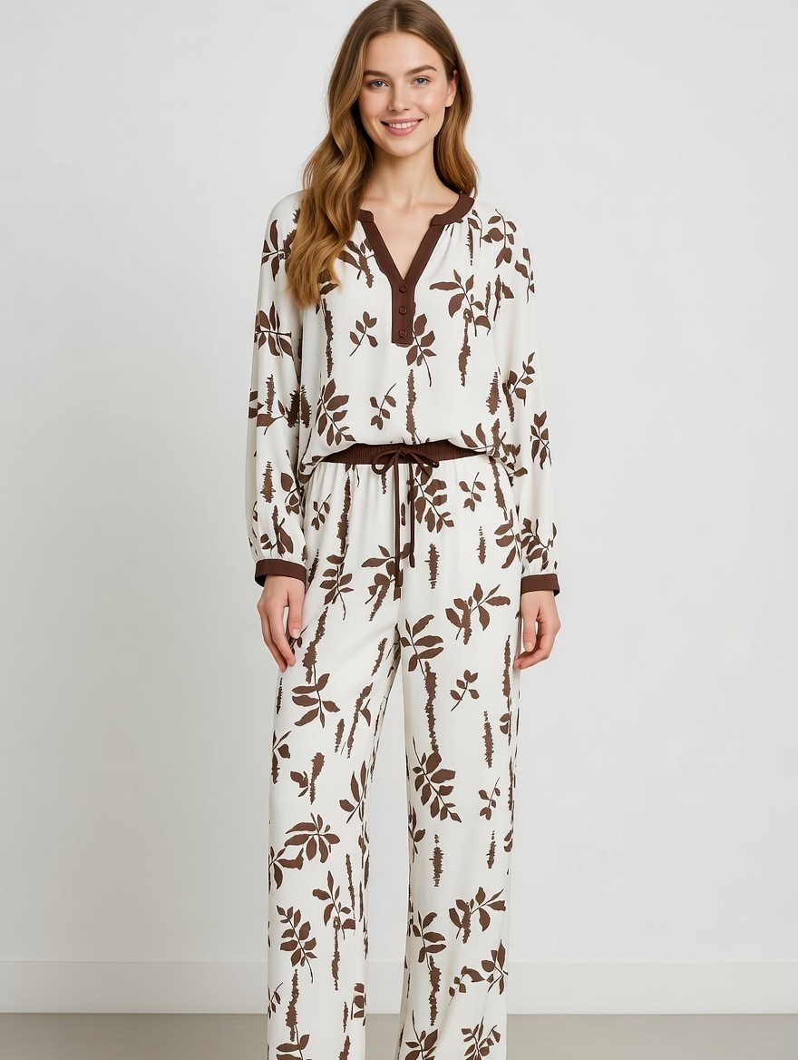 Women’s Boho Leaf Print Long Sleeve Top & Wide Leg Pants Set AN-760007+AN-760009