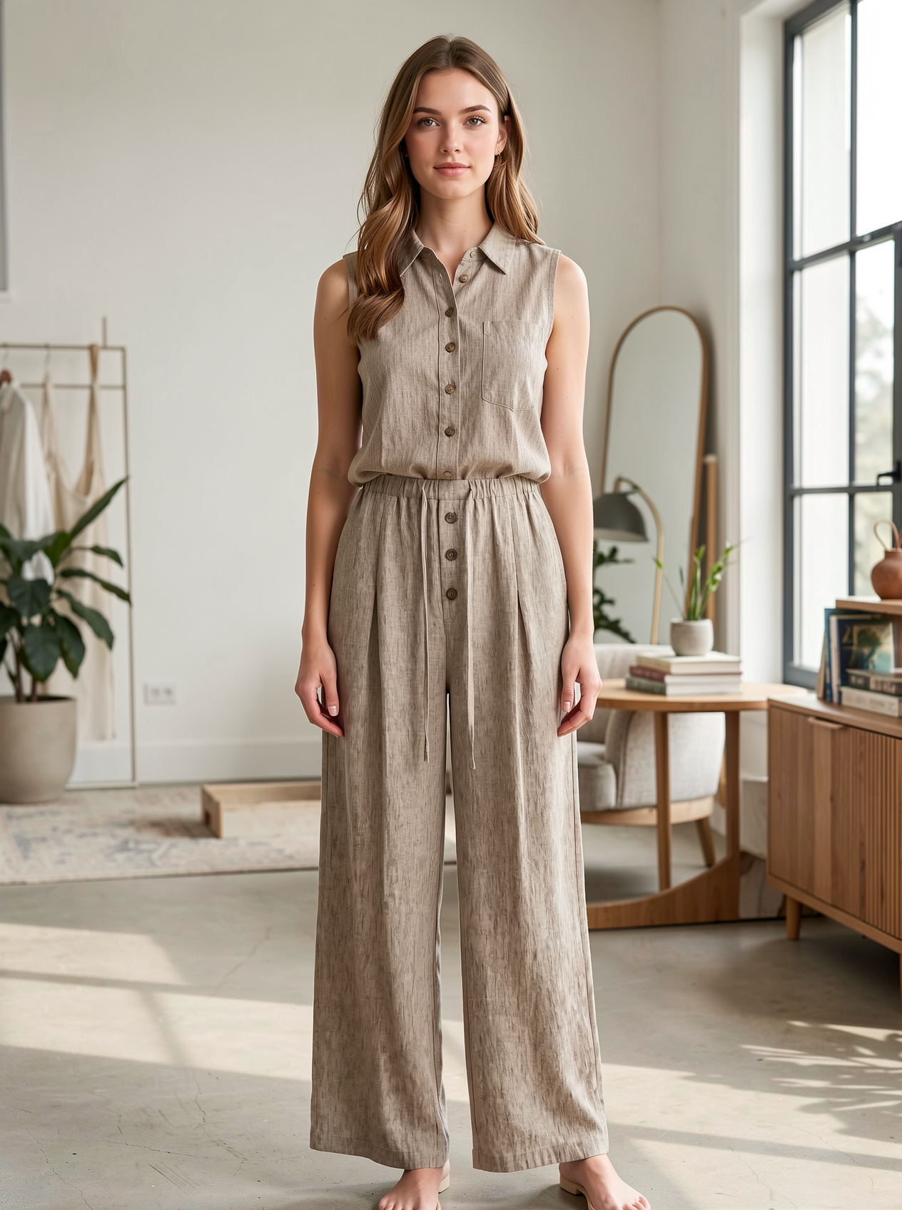 Women’s Casual Linen Elastic Waist Wide Leg Pants AN-760010