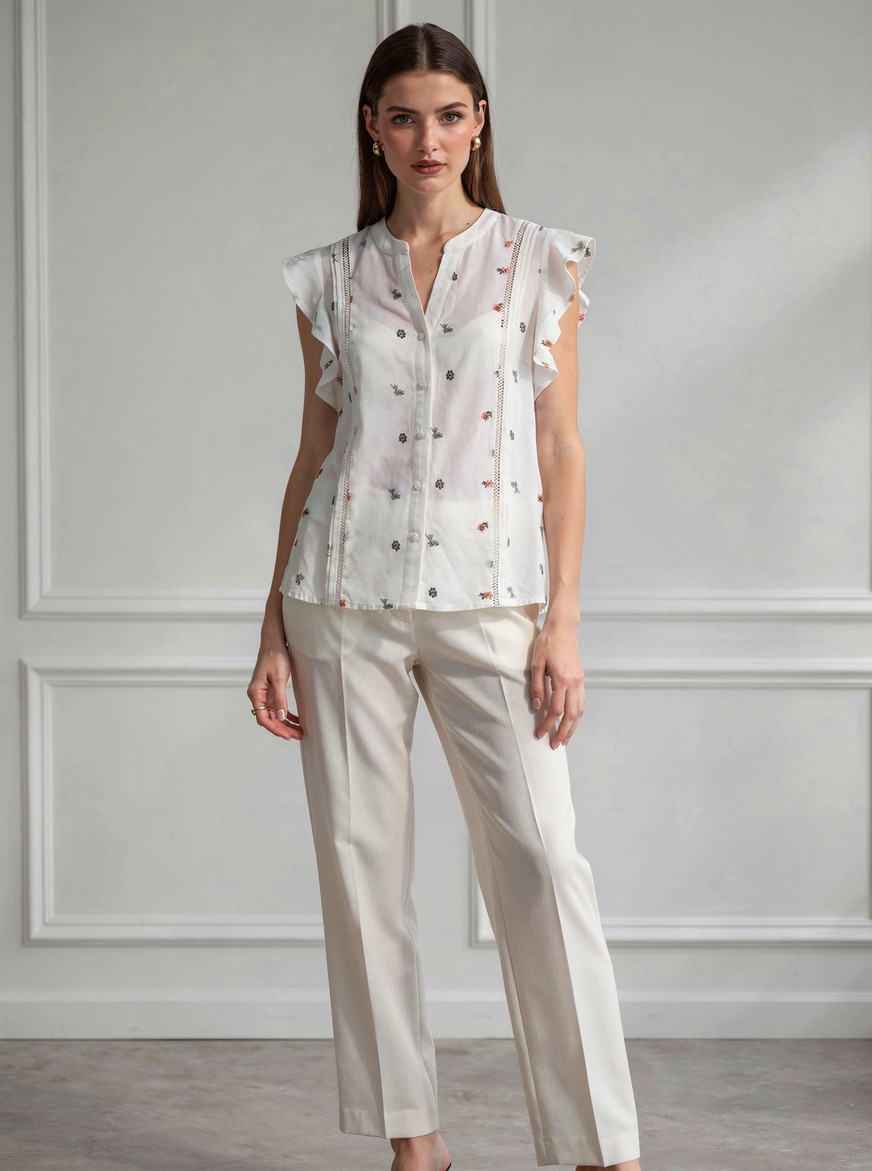 Women’s Floral Embroidered Ruffle Sleeve Button Blouse AN-760011