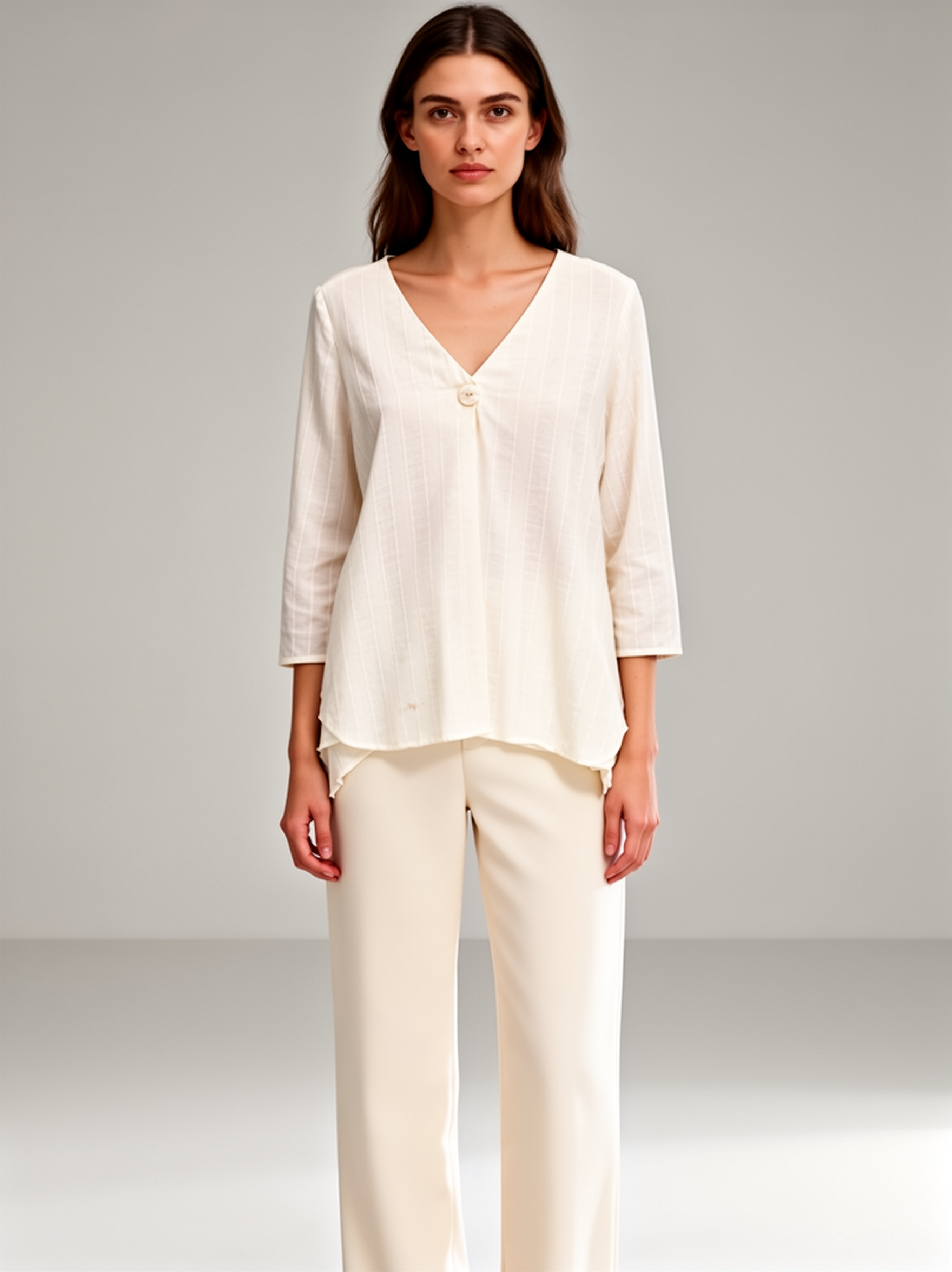 Women’s Casual Solid V Neck Loose Fit Long Sleeve Blouse M -26172