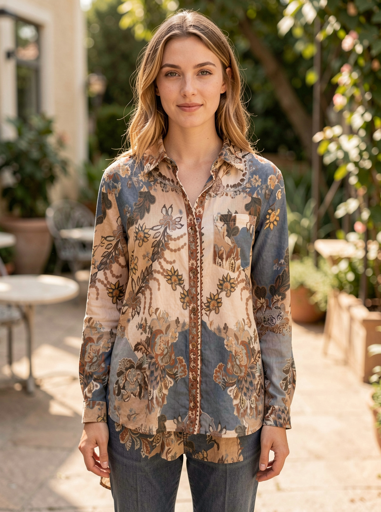 Women’s Boho Floral Chiffon Long Sleeve Button Down Blouse M-41907