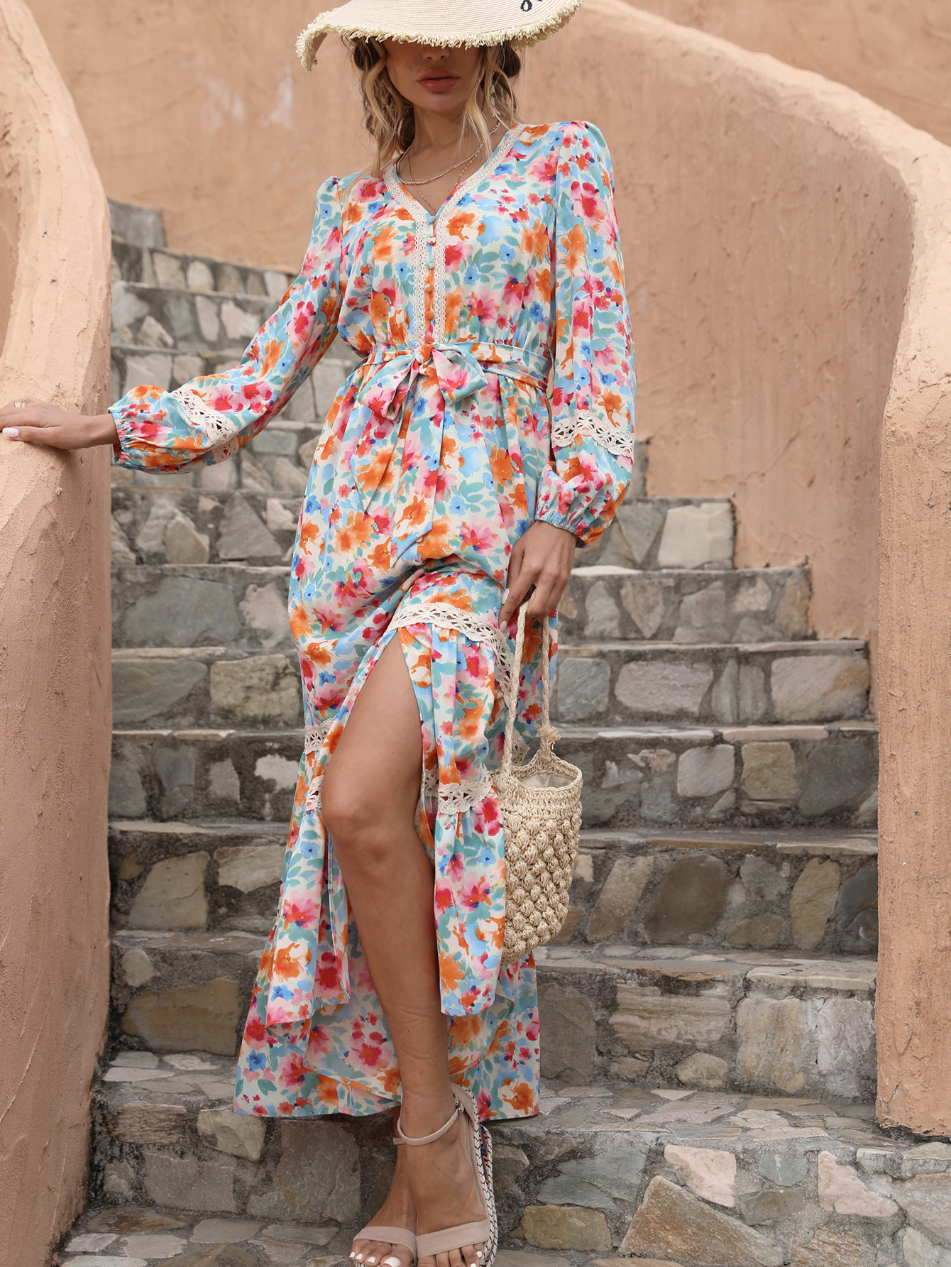 Boho Floral V-Neck Tie Waist Tiered Maxi Dress W-33441