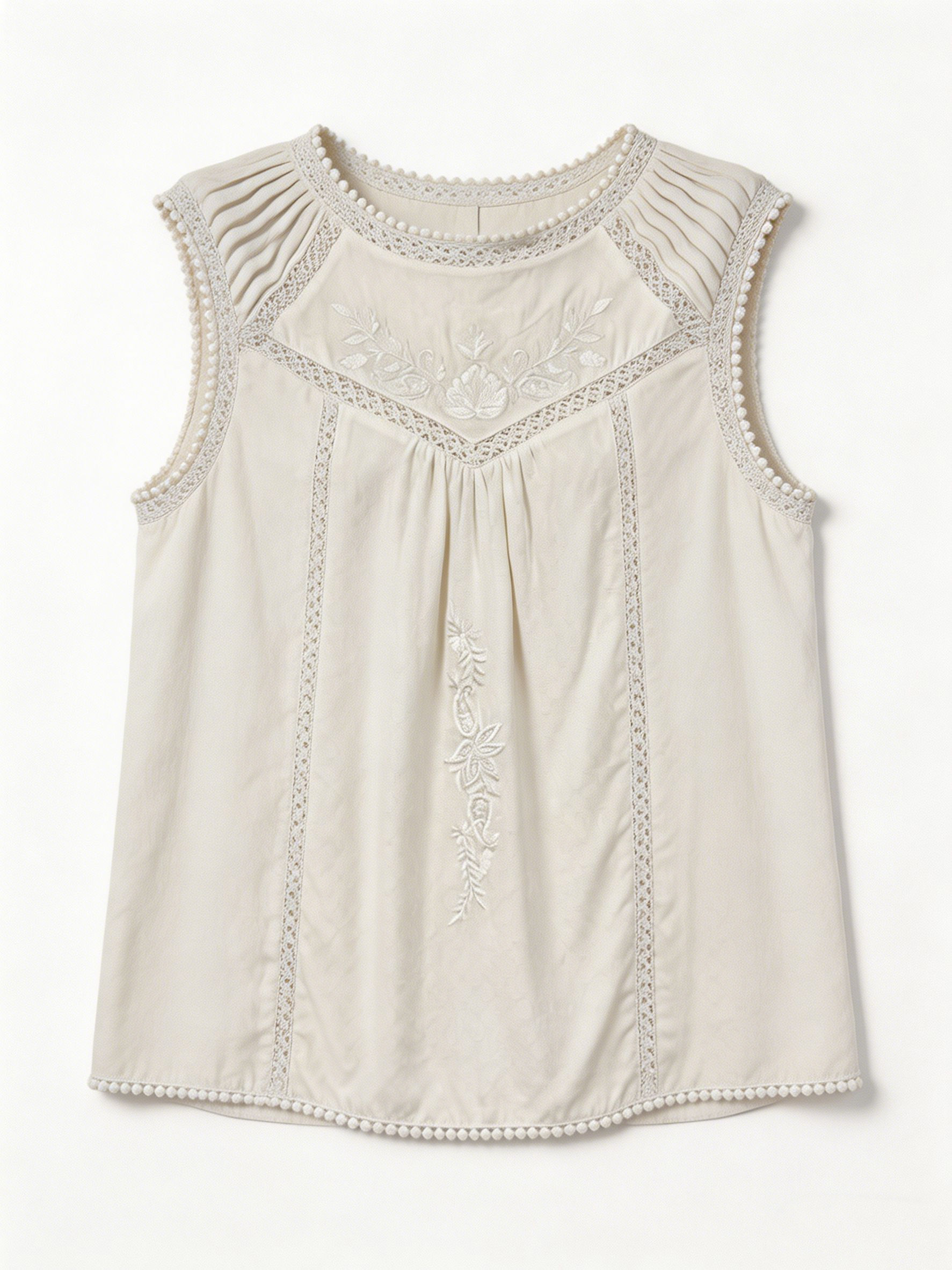 Boho White Cotton Embroidered Blouse Crochet Detail Pom-Pom Hem Summer Top 