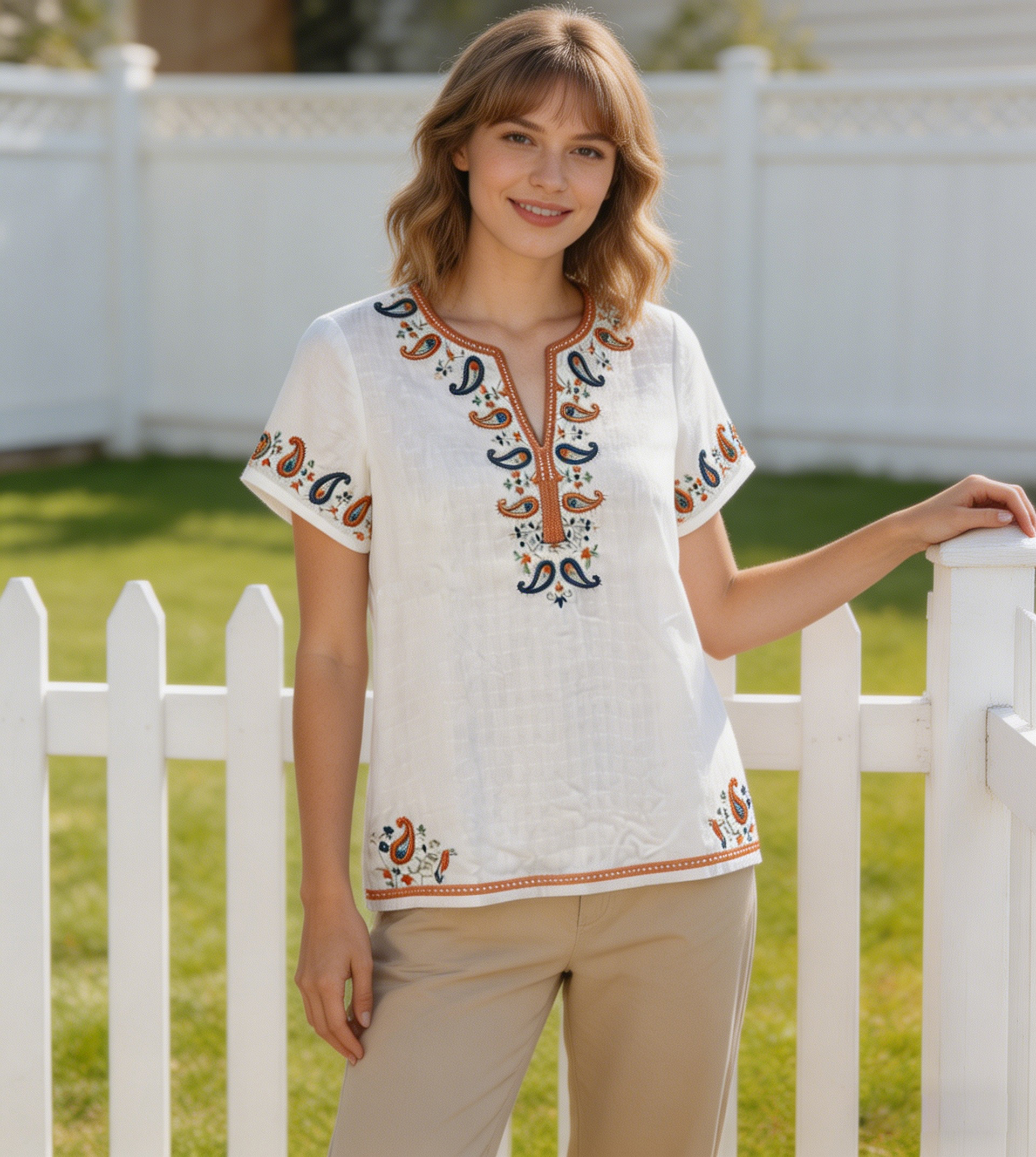 White Paisley Embroidered V-Neck Short Sleeve Top - Boho Ethnic Blouse AN-650010