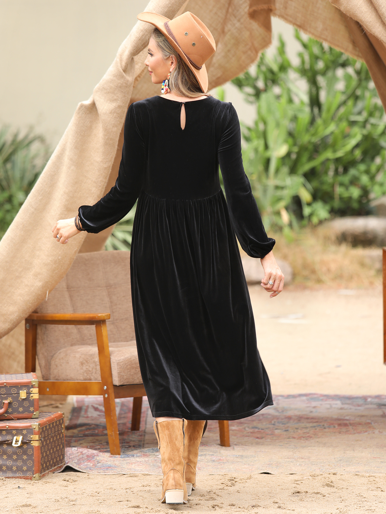 Women’s Western Boho Embroidered Midi Dress with Long Sleeves – Vintage Folk Style D-33598