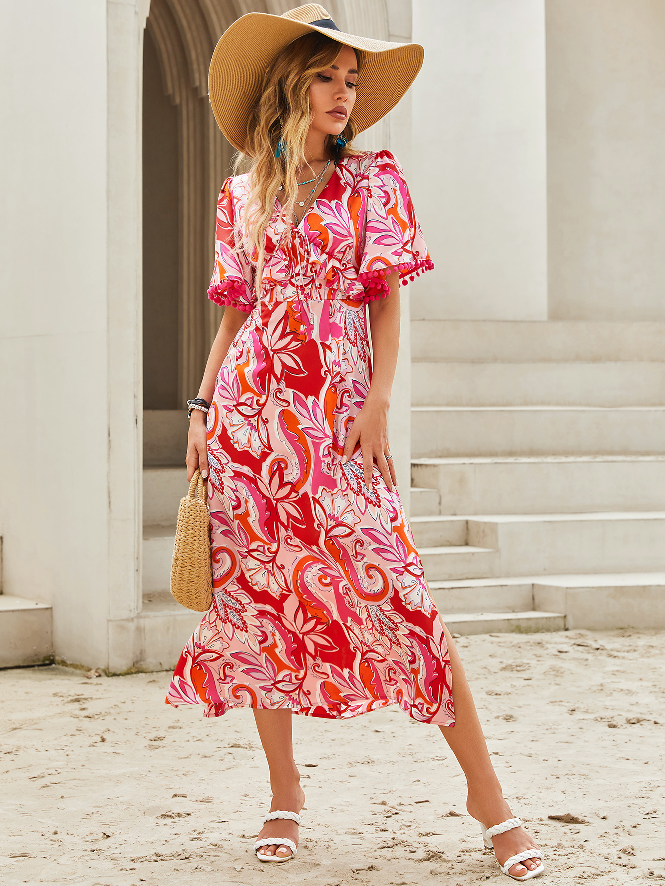Women’s Boho Tropical Floral V-Neck Maxi Dress W-32812