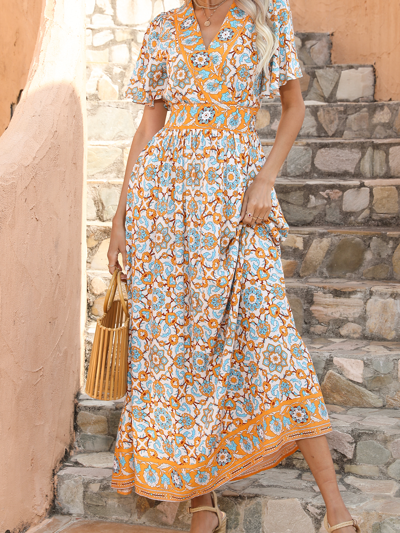 Women’s Boho Floral Midi Dress with V Neck and Flutter Sleeves D-34295