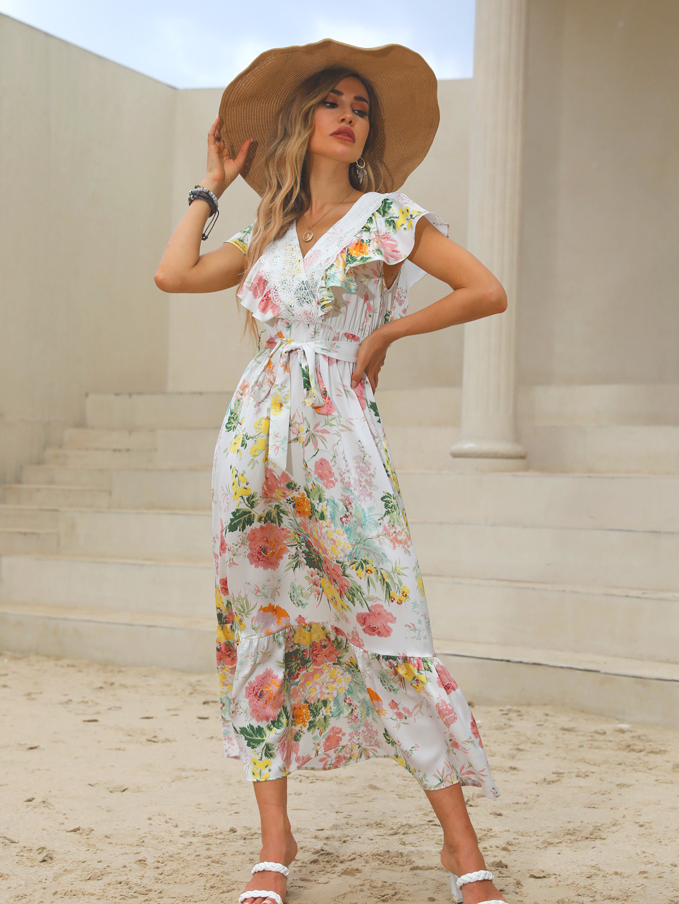 Women’s Lace Trim Floral Boho Midi Dress W-32705