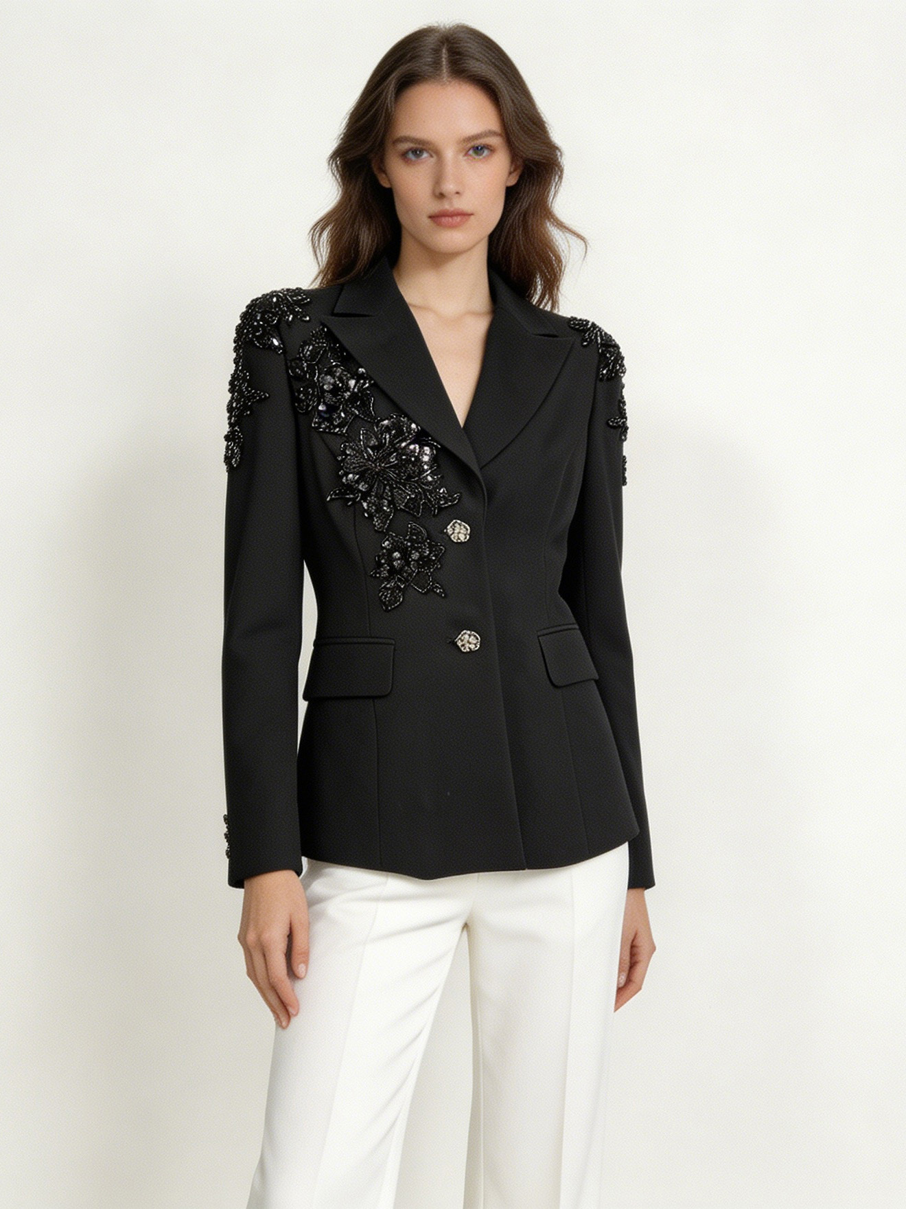 Glamorous Couture-Inspired Black Suit Jacket - Sophisticated Occasion Wear 8013-190