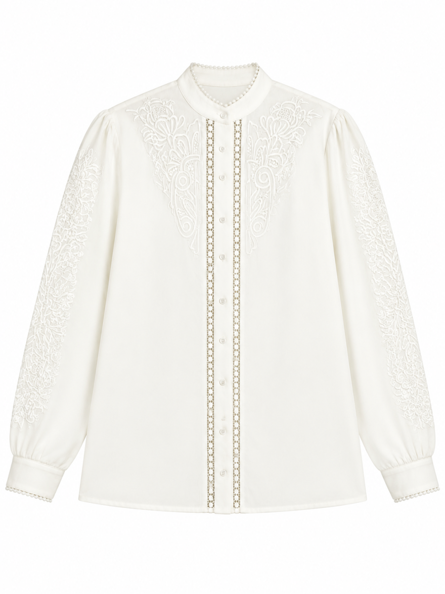Women Stand‑Collar Pearl‑Trim Blouse C-43143