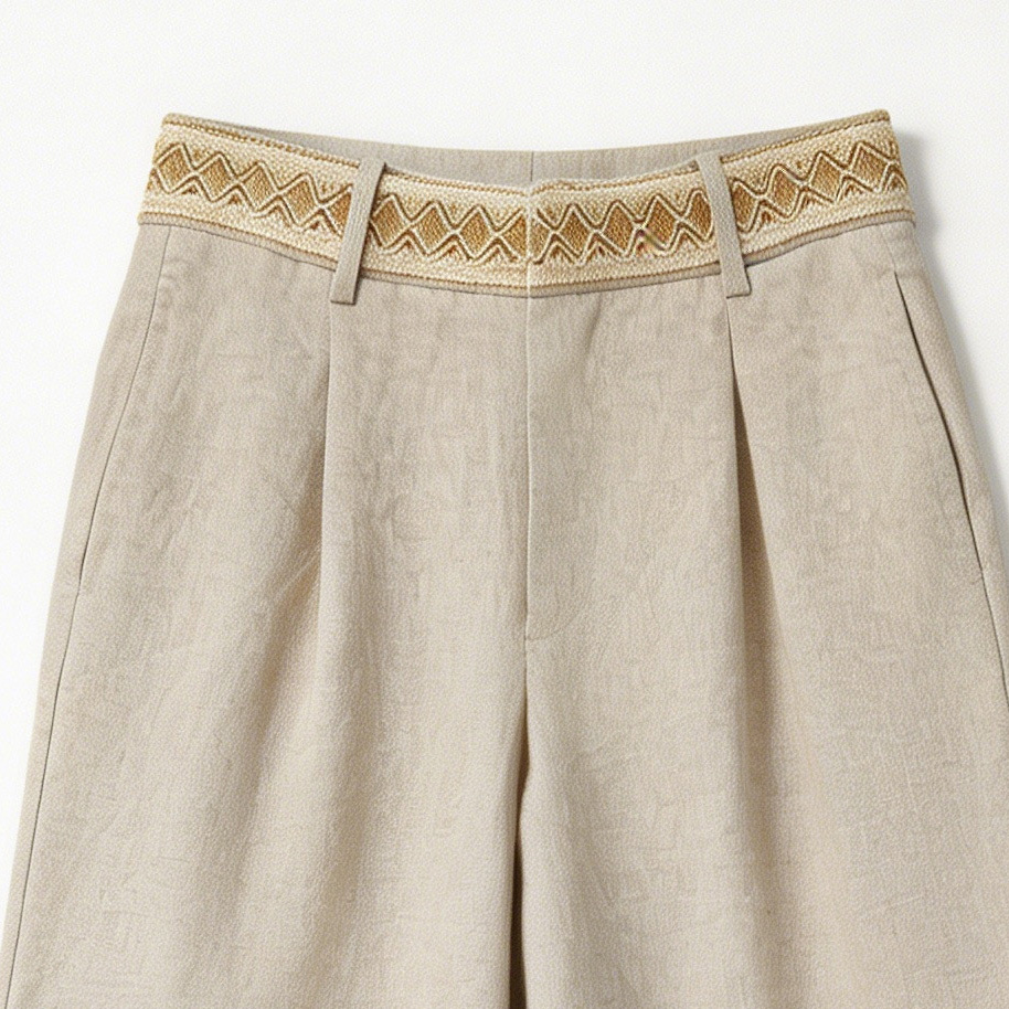 Boho Linen Wide-Leg Pants: Women's High-Waist Trousers with Embroidered Waistband C-41778