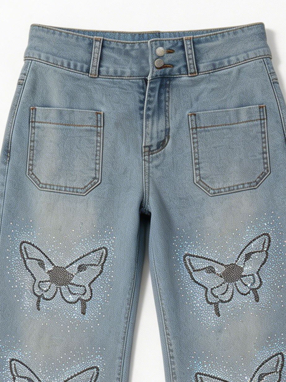 Women's Light Wash Butterfly Bling Straight Leg Jeans ZY6036