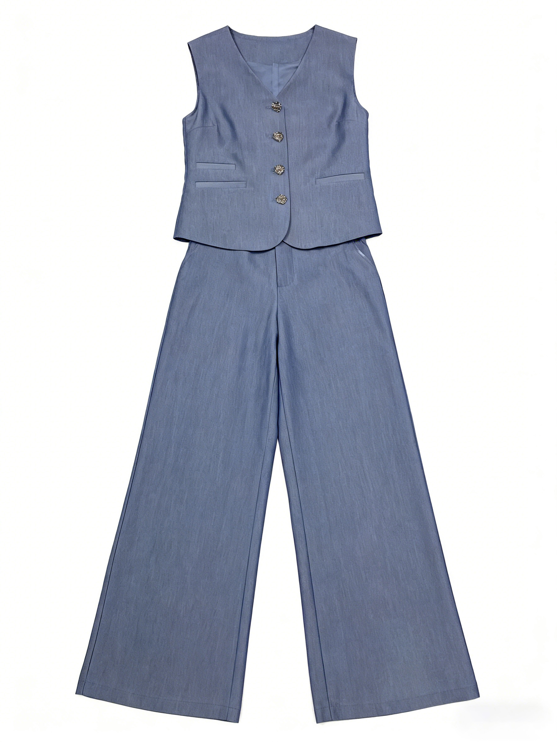 Light Blue Denim-Look Sleeveless Vest Wide Leg Pants Set - Office Two Piece Outfit