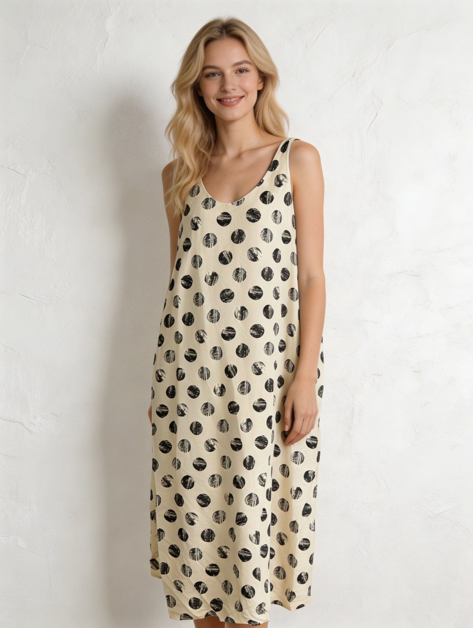 Elegant Cream Polka Dot Midi Dress - Sleeveless Casual Dress  K-41817