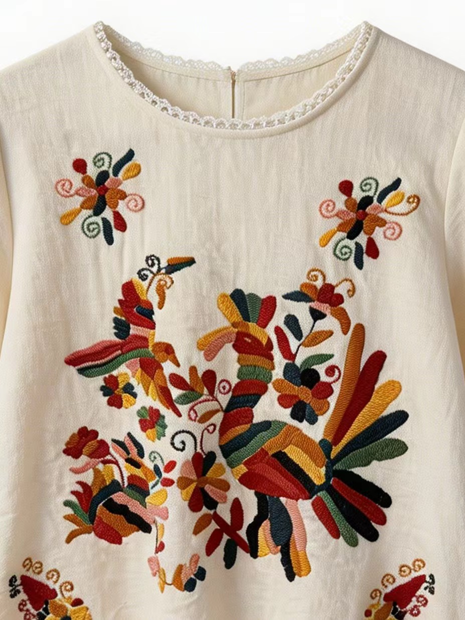 Floral Embroidered Boho Blouse with Lace Trim LA-750002
