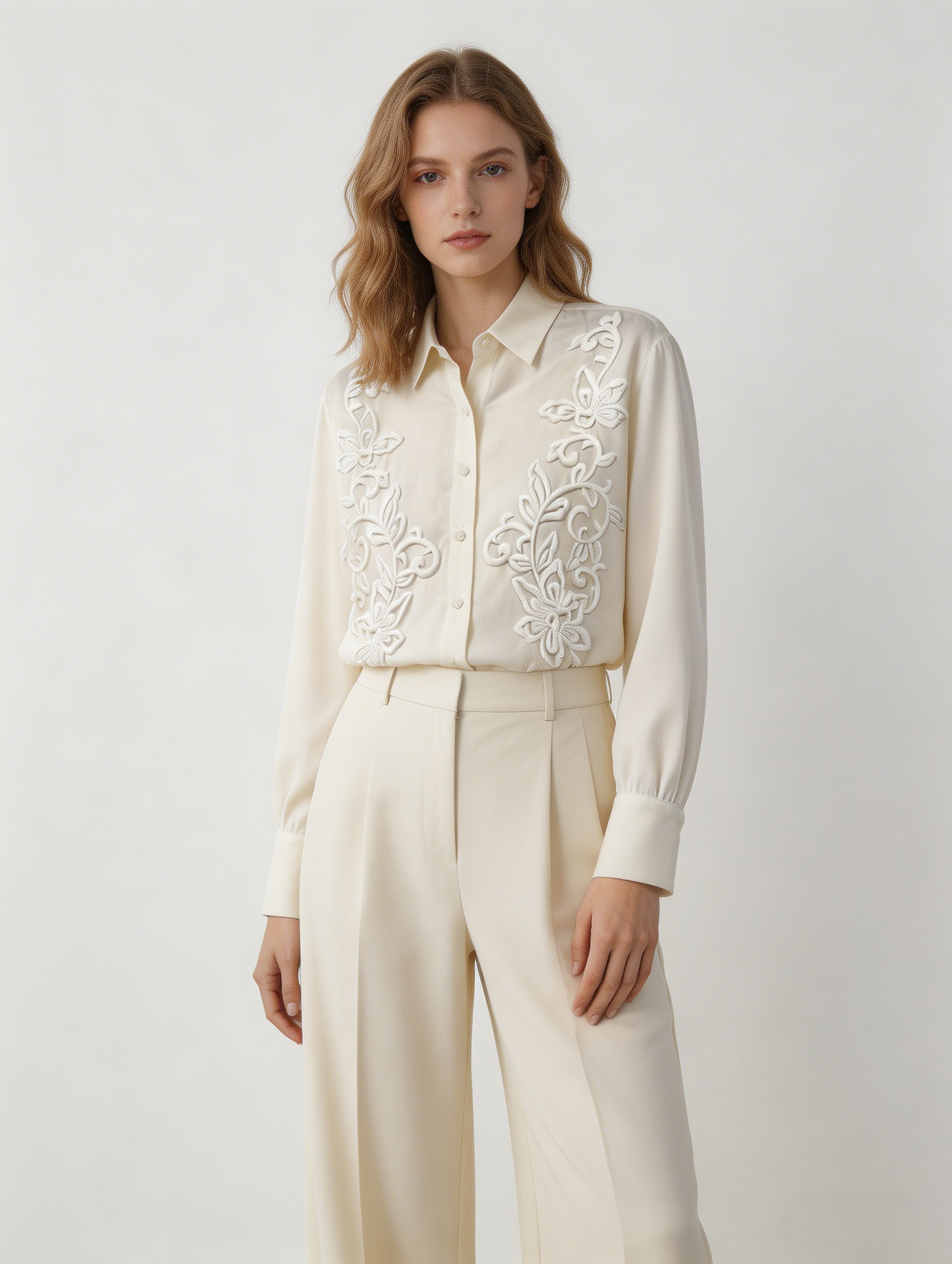 White Floral Embroidered Long Sleeve Shirt - Vintage Linen Blouse W-39376-1