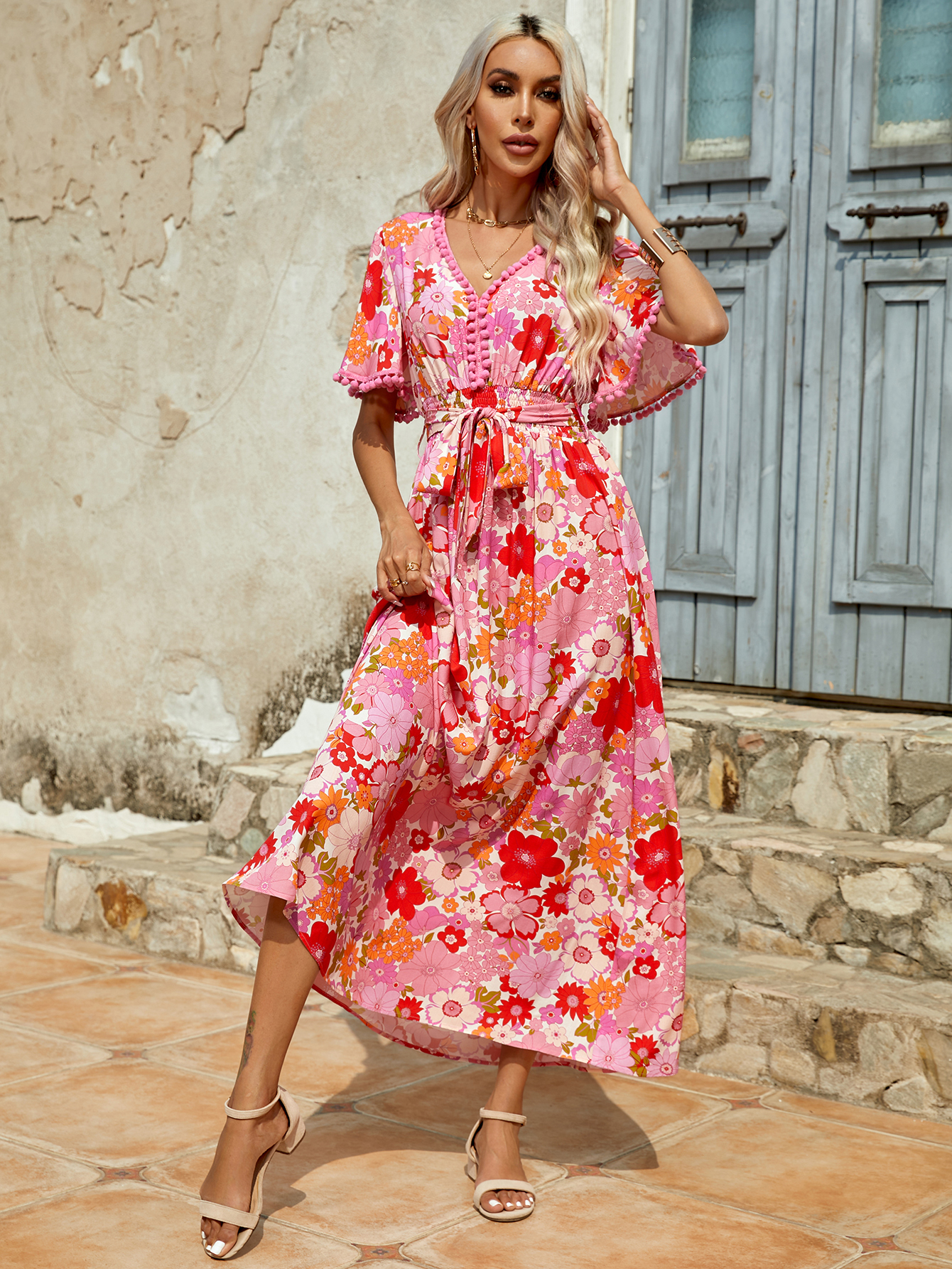 Women Summer Boho Floral Print V Neck Pom Pom Sleeve Belted Maxi Dress W-34654