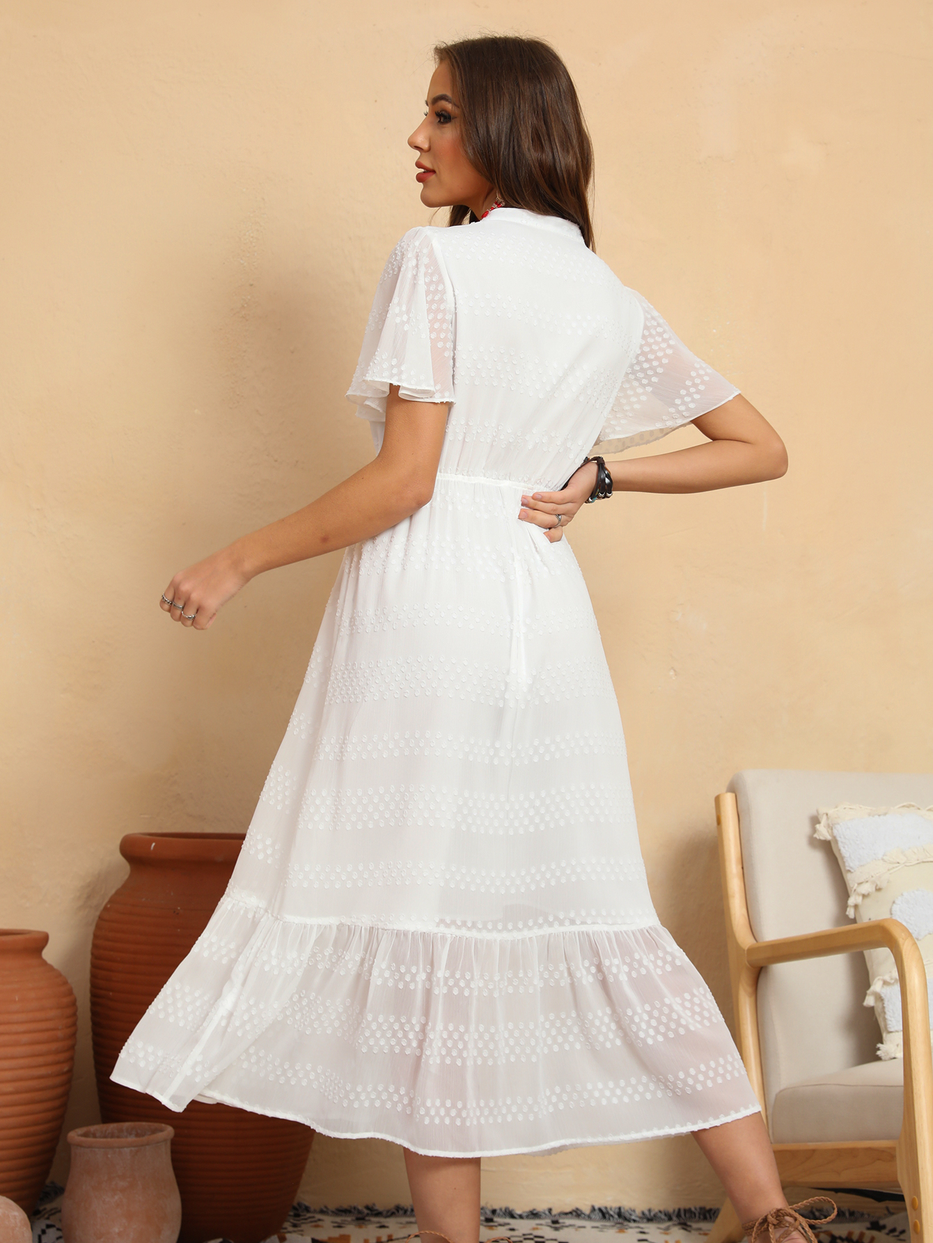 Women’s Boho Embroidered Flutter Sleeve Tiered Midi Dress D-34763