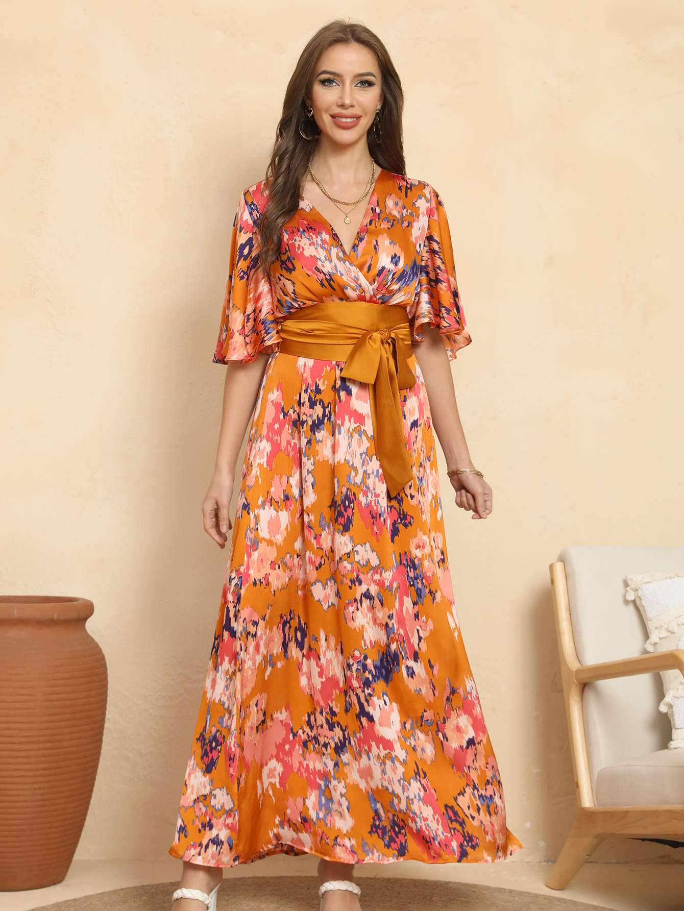 Vibrant Floral Wrap Belted Flutter Sleeve Maxi Dress W-32906
