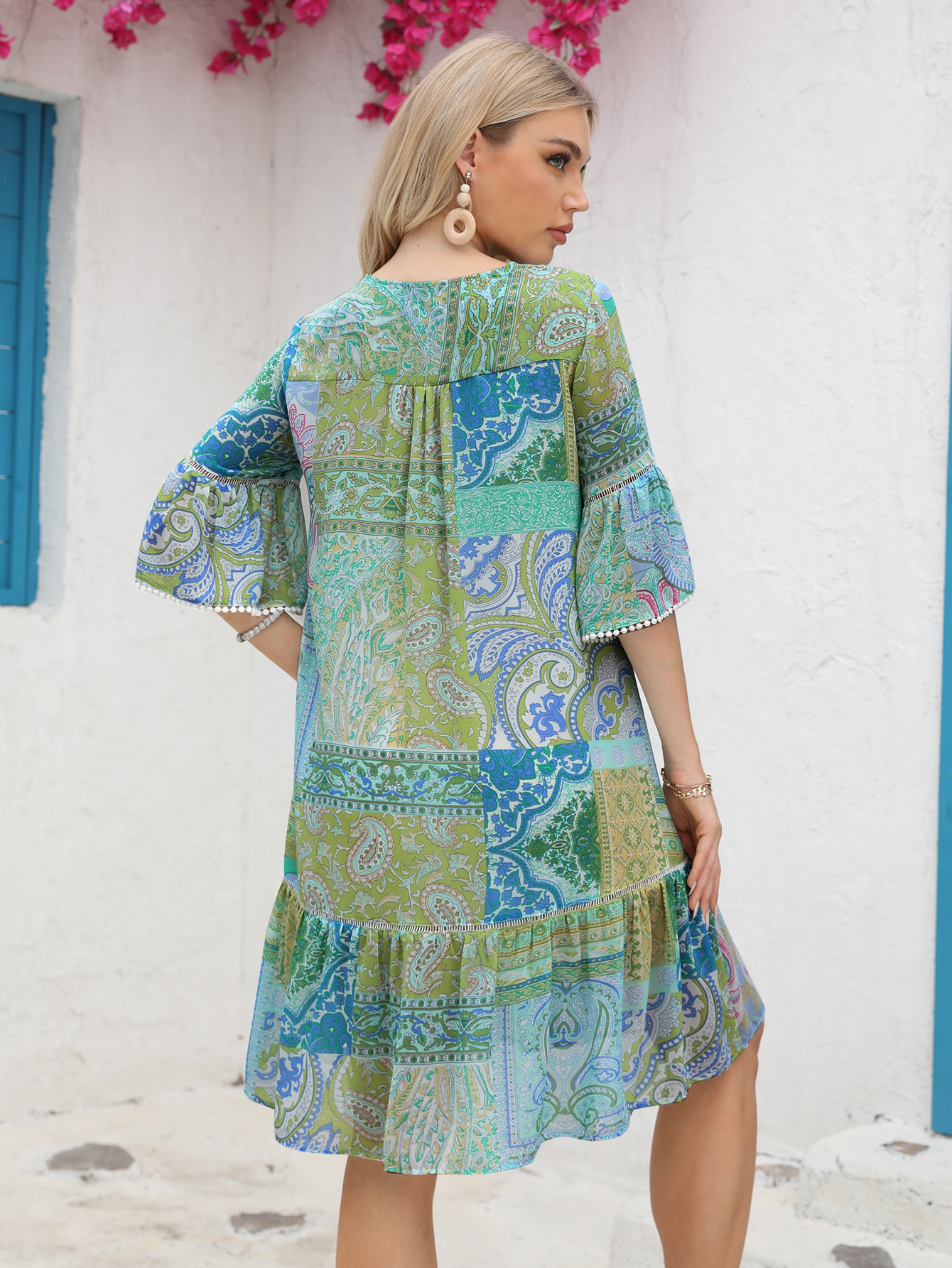 Women’s Boho Patchwork Paisley Tassel Tie Resort Dress D-35109