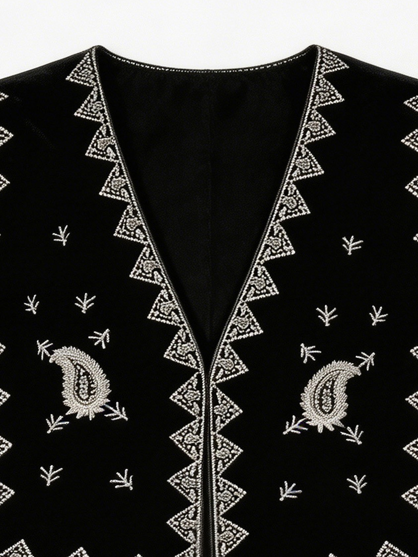 Boho Black Velvet Embroidered Fringe Vest AN-980011