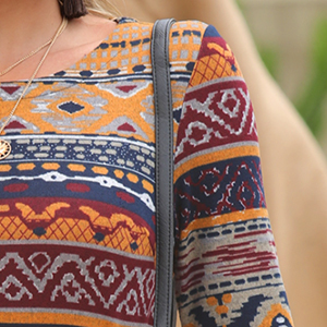 Women’s Boho Tribal Print Long Sleeve Drawstring Mini Dress M-33630